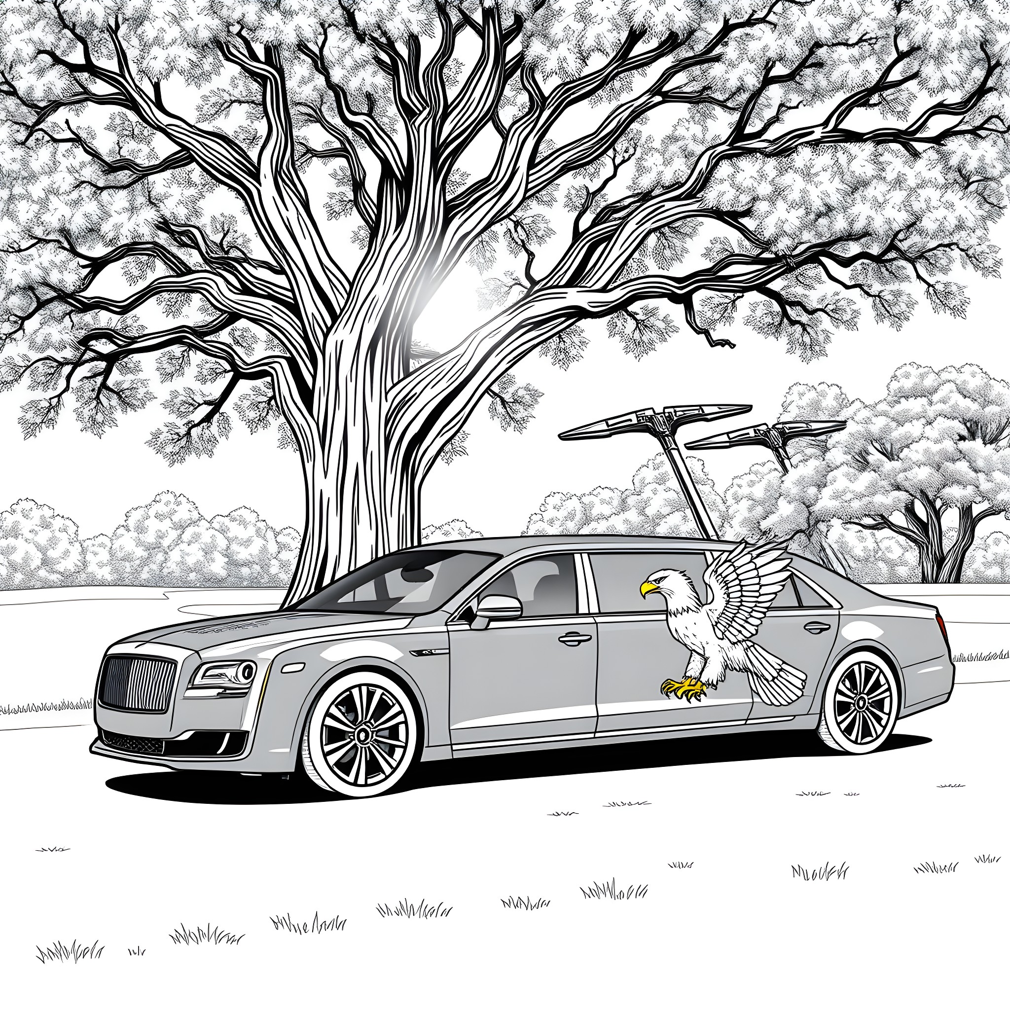 Limo with eagle taking flight under a large tree Coloring Page (free black-and-white line drawing printable PDF for all, from beginners to advanced learners, including children, teens, adults, and seniors)