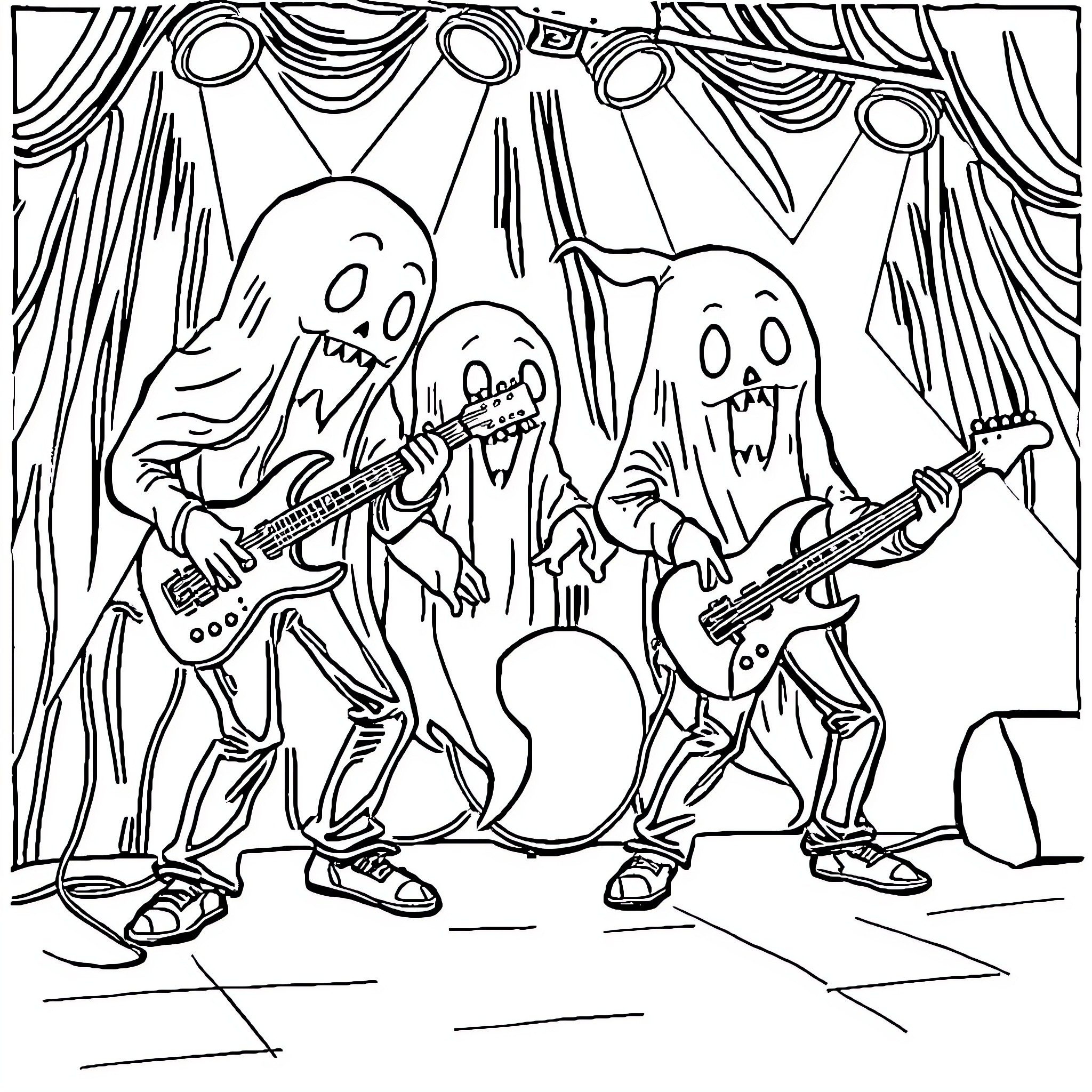 Ghost Band Performing on Stage Coloring Page (free black-and-white line drawing printable PDF for all, from beginners to advanced learners, including children, teens, adults, and seniors)