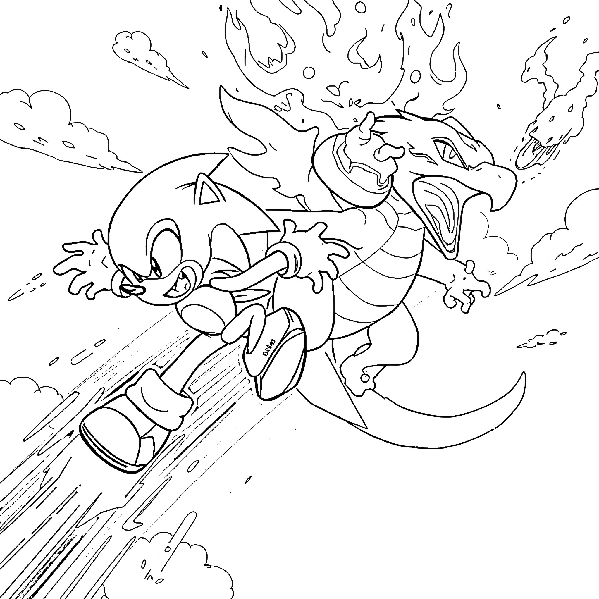 Sonic dashing through the fiery scene with dragon Coloring Page (free black-and-white line drawing printable PDF for all, from beginners to advanced learners, including children, teens, adults, and seniors)
