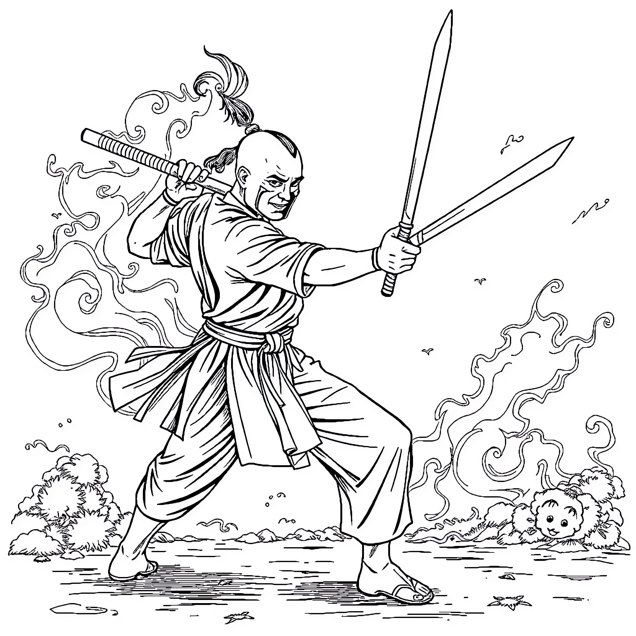 Eskrima martial artist in dynamic pose Coloring Page (free black-and-white line drawing printable PDF for all, from beginners to advanced learners, including children, teens, adults, and seniors)