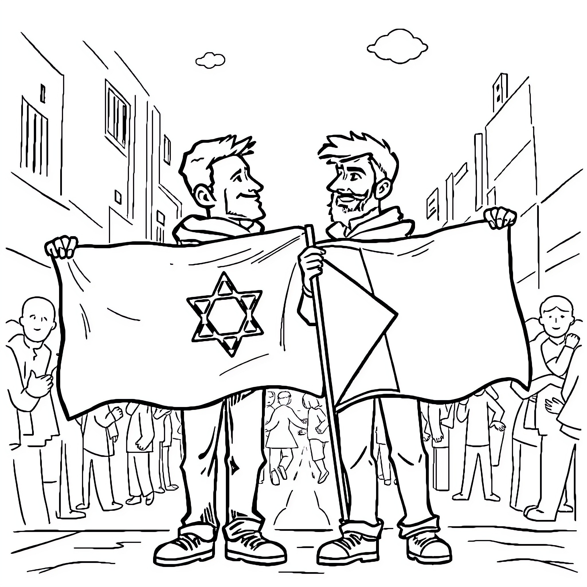 Flag-waving friends celebrate in city street Coloring Page (free black-and-white line drawing printable PDF for all, from beginners to advanced learners, including children, teens, adults, and seniors)