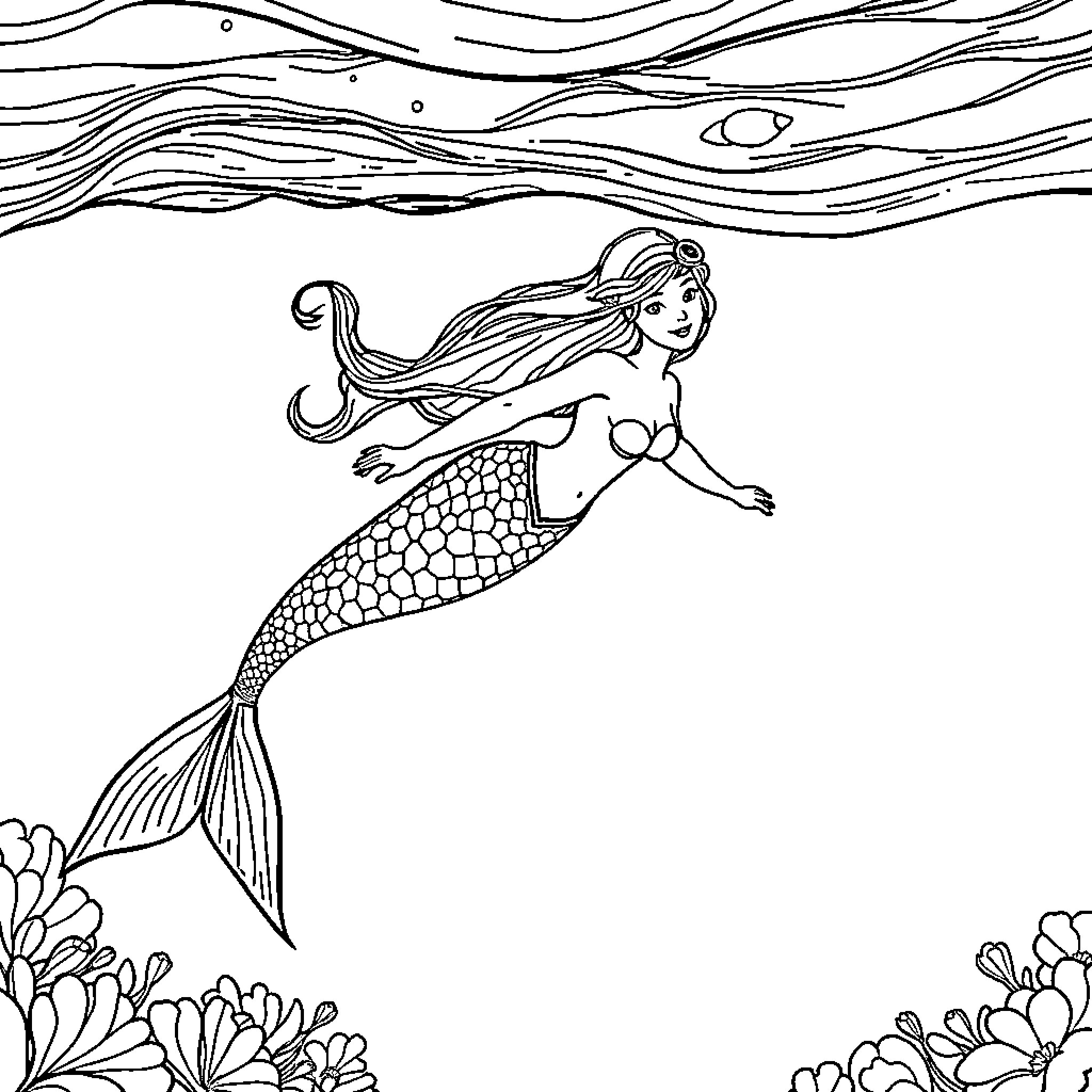 Mermaid swimming gracefully through the ocean waves Coloring Page (free black-and-white line drawing printable PDF for all, from beginners to advanced learners, including children, teens, adults, and seniors)