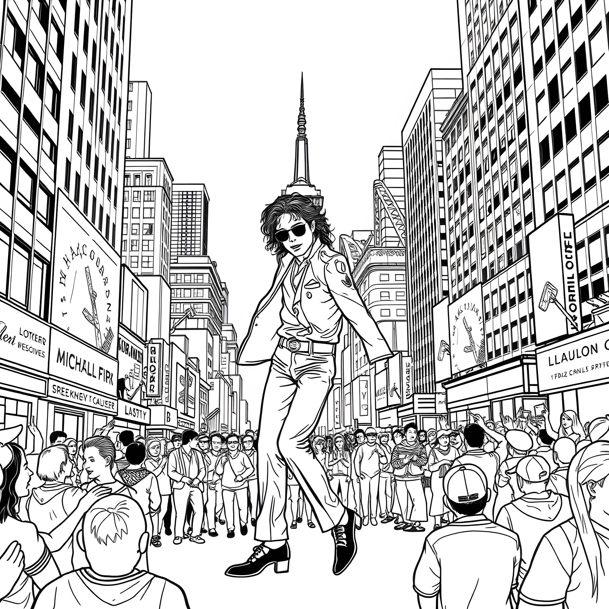 Michael Jackson performing energetically on a crowded city street Coloring Page (free black-and-white line drawing printable PDF for all, from beginners to advanced learners, including children, teens, adults, and seniors)