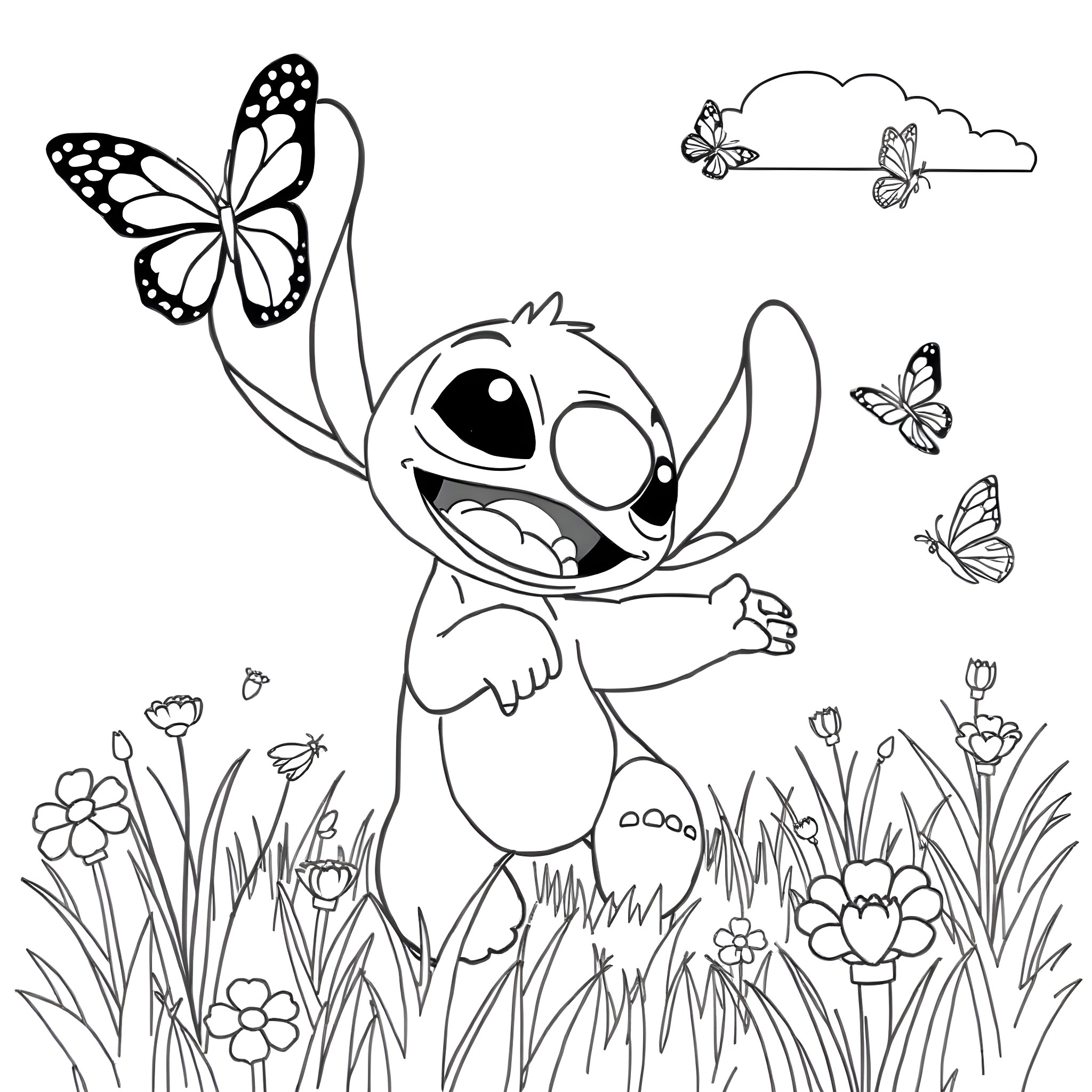 Stitch enjoying nature with butterflies Coloring Page (free black-and-white line drawing printable PDF for all, from beginners to advanced learners, including children, teens, adults, and seniors)