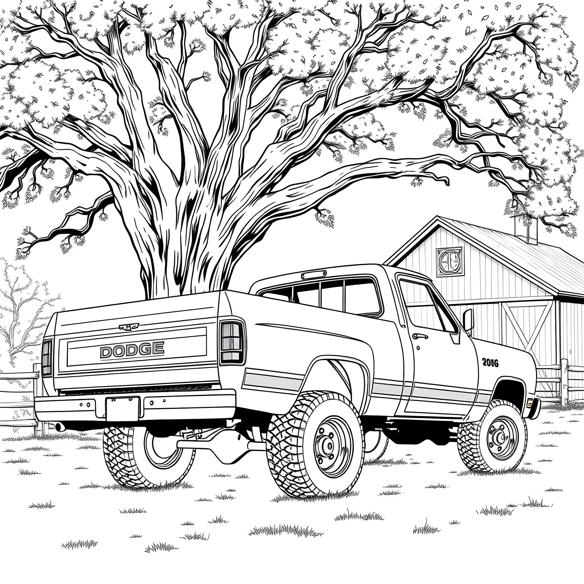 Dodge Truck Parked Under Leafy Trees Coloring Page (free black-and-white line drawing printable PDF for all, from beginners to advanced learners, including children, teens, adults, and seniors)