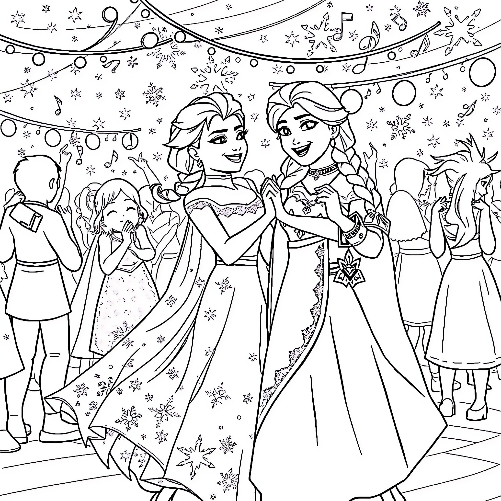 Elsa and Anna's Winter Celebration Coloring Page (free black-and-white line drawing printable PDF for all, from beginners to advanced learners, including children, teens, adults, and seniors)