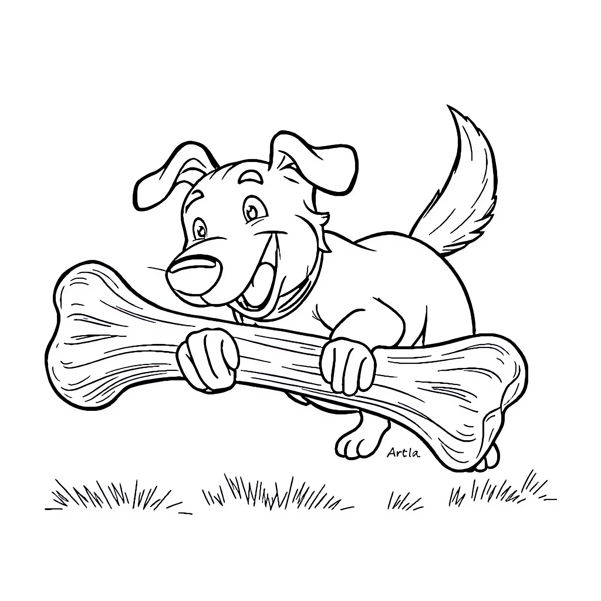 Dog playing joyfully with a big bone Coloring Page (free black-and-white line drawing printable PDF for all, from beginners to advanced learners, including children, teens, adults, and seniors)