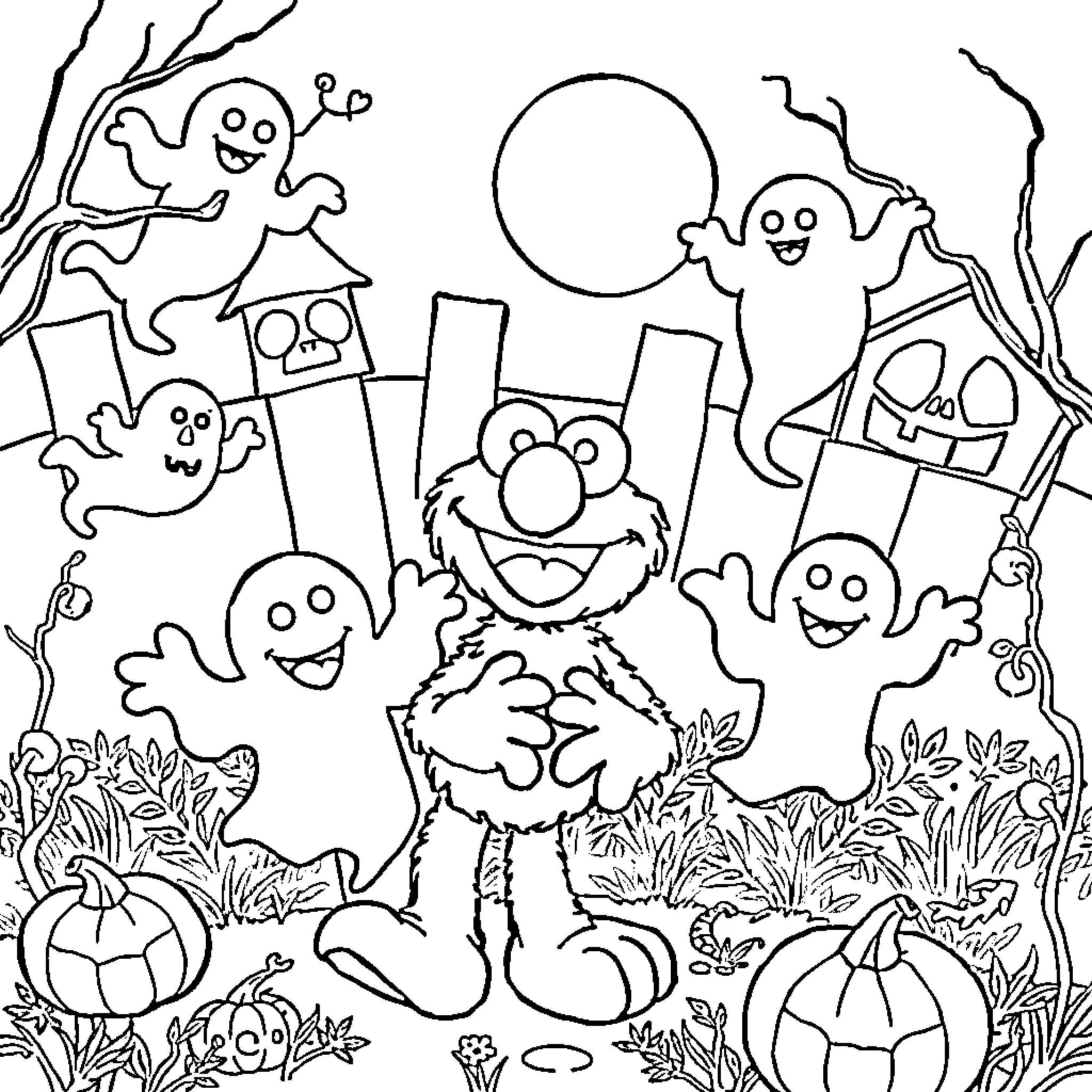 Elmo's Spooky Halloween Adventure Coloring Page (free black-and-white line drawing printable PDF for all, from beginners to advanced learners, including children, teens, adults, and seniors)