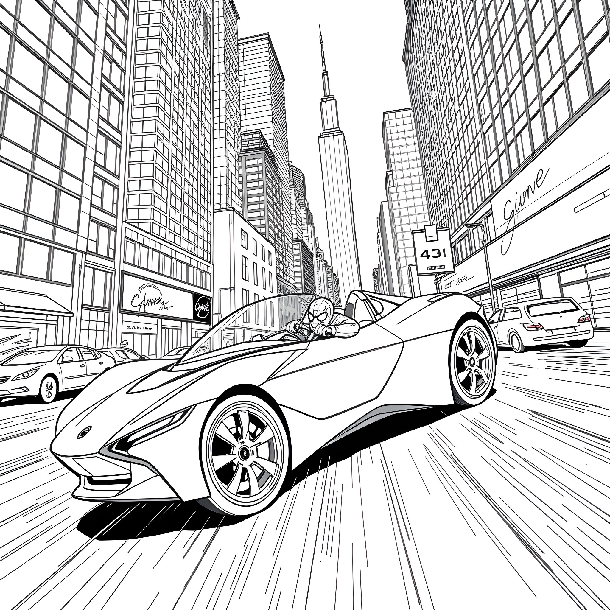 Spiderman races through the city in a sports car Coloring Page (free black-and-white line drawing printable PDF for all, from beginners to advanced learners, including children, teens, adults, and seniors)