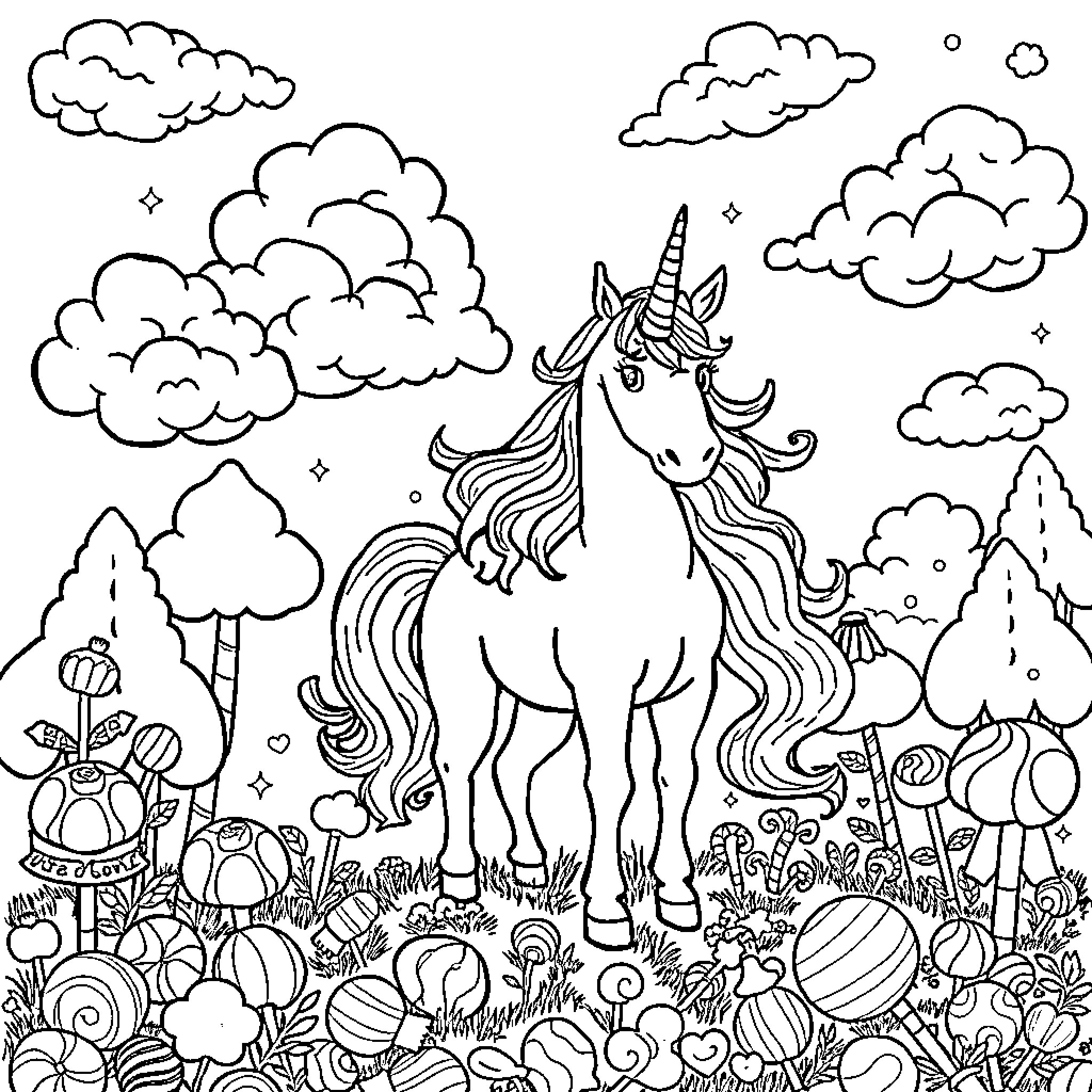 Unicorn standing in a magical forest Coloring Page (free black-and-white line drawing printable PDF for all, from beginners to advanced learners, including children, teens, adults, and seniors)