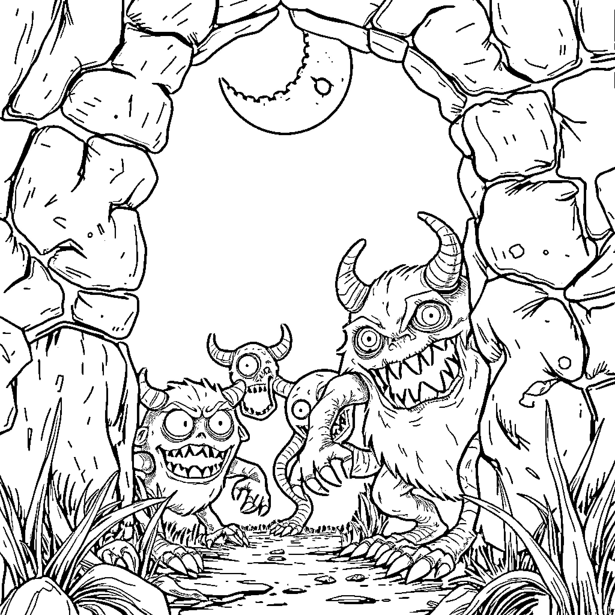 Monster Creatures Roaming in the Wilderness Coloring Page (free black-and-white line drawing printable PDF for all, from beginners to advanced learners, including children, teens, adults, and seniors)