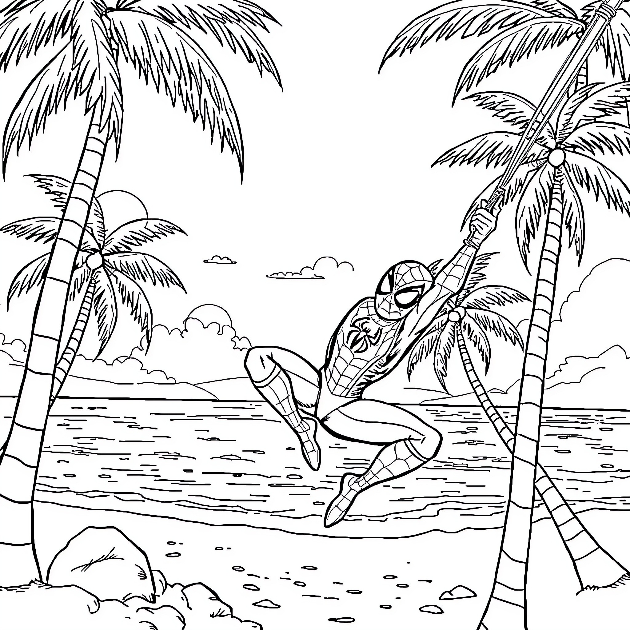 Spiderman swinging on palm trees by the beach Coloring Page (free black-and-white line drawing printable PDF for all, from beginners to advanced learners, including children, teens, adults, and seniors)