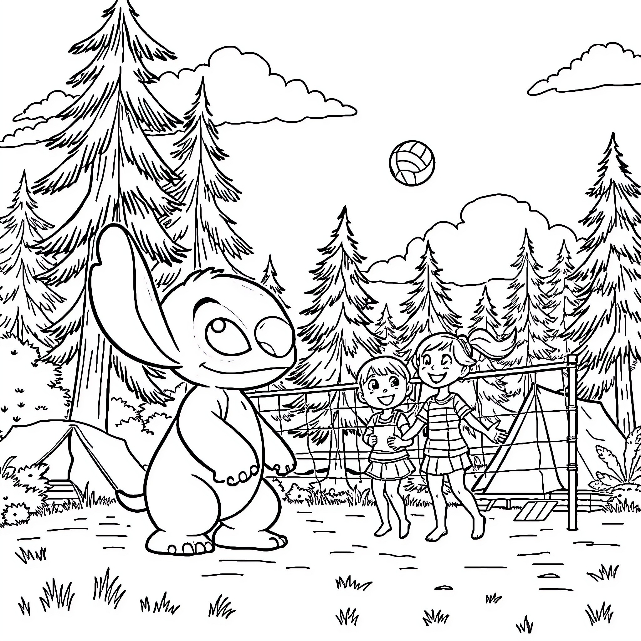 Stitch playing with children in the forest Coloring Page (free black-and-white line drawing printable PDF for all, from beginners to advanced learners, including children, teens, adults, and seniors)