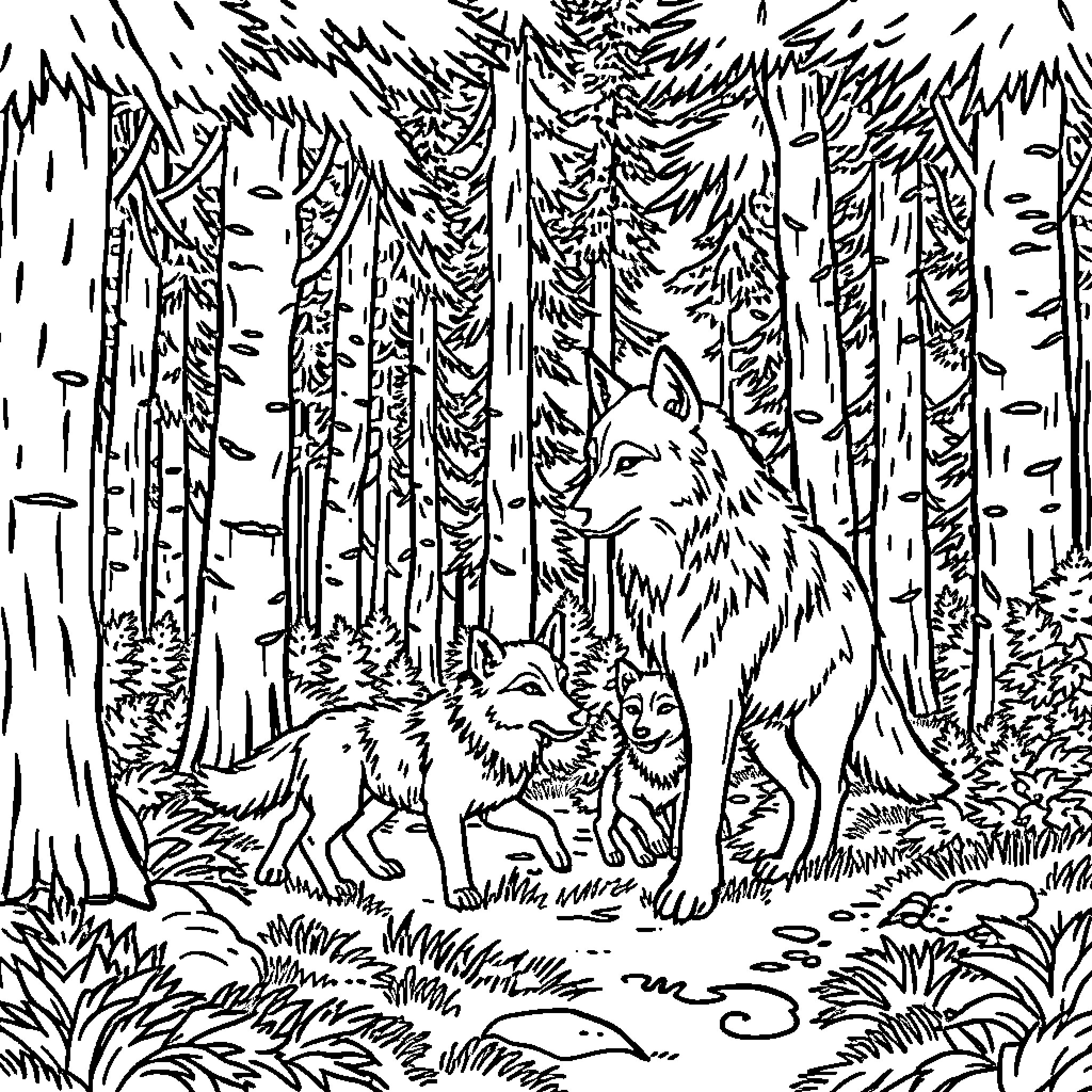 Wolf Pack Wandering Through Mysterious Forest Coloring Page (free black-and-white line drawing printable PDF for all, from beginners to advanced learners, including children, teens, adults, and seniors)