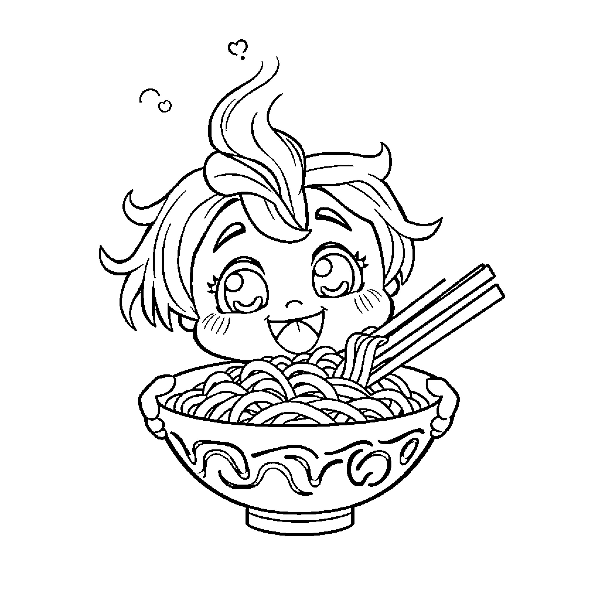 Kawaii Character Enjoying a Bowl of Noodles Coloring Page (free black-and-white line drawing printable PDF for all, from beginners to advanced learners, including children, teens, adults, and seniors)