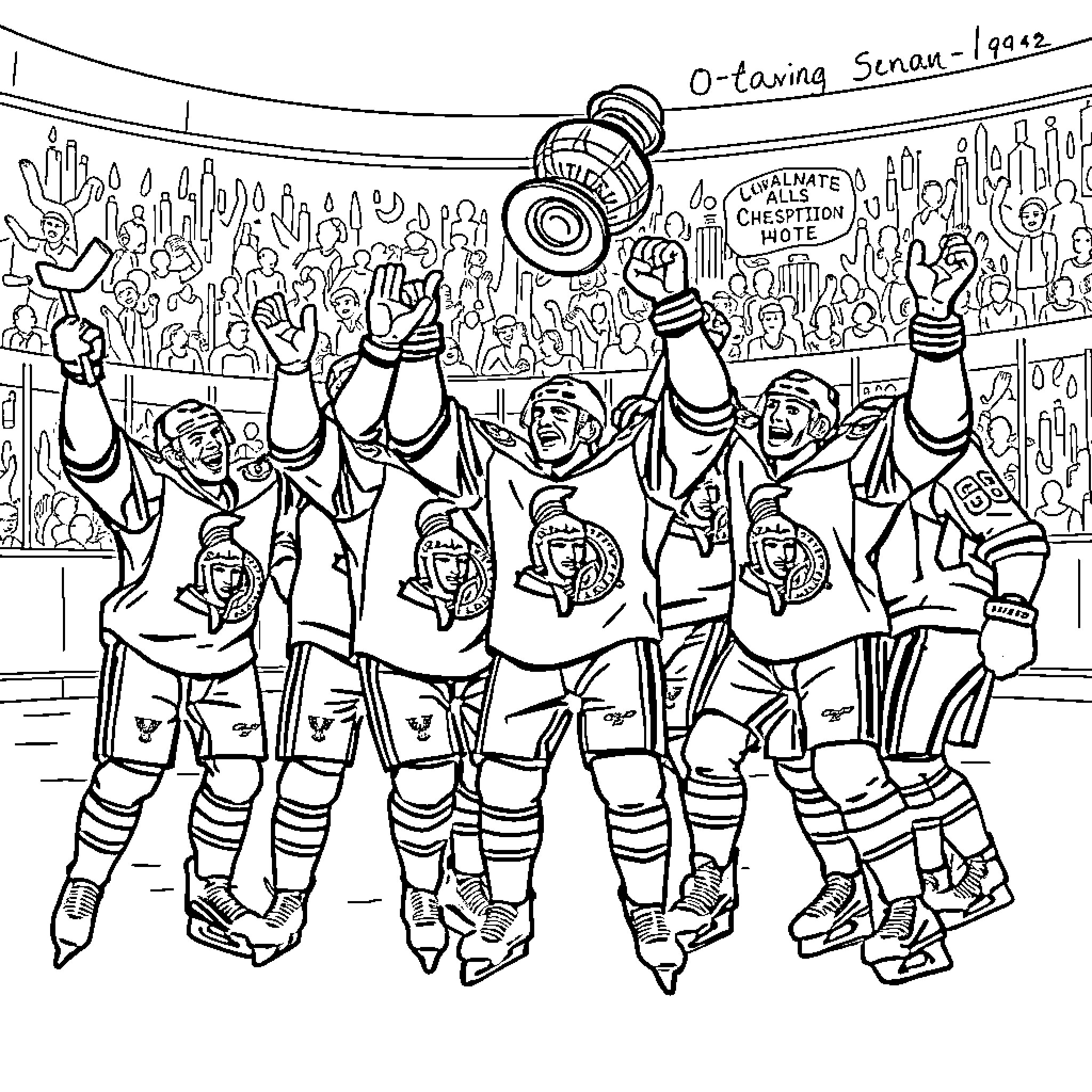 Ottawa Senators hockey team celebrating championship win Coloring Page (free black-and-white line drawing printable PDF for all, from beginners to advanced learners, including children, teens, adults, and seniors)