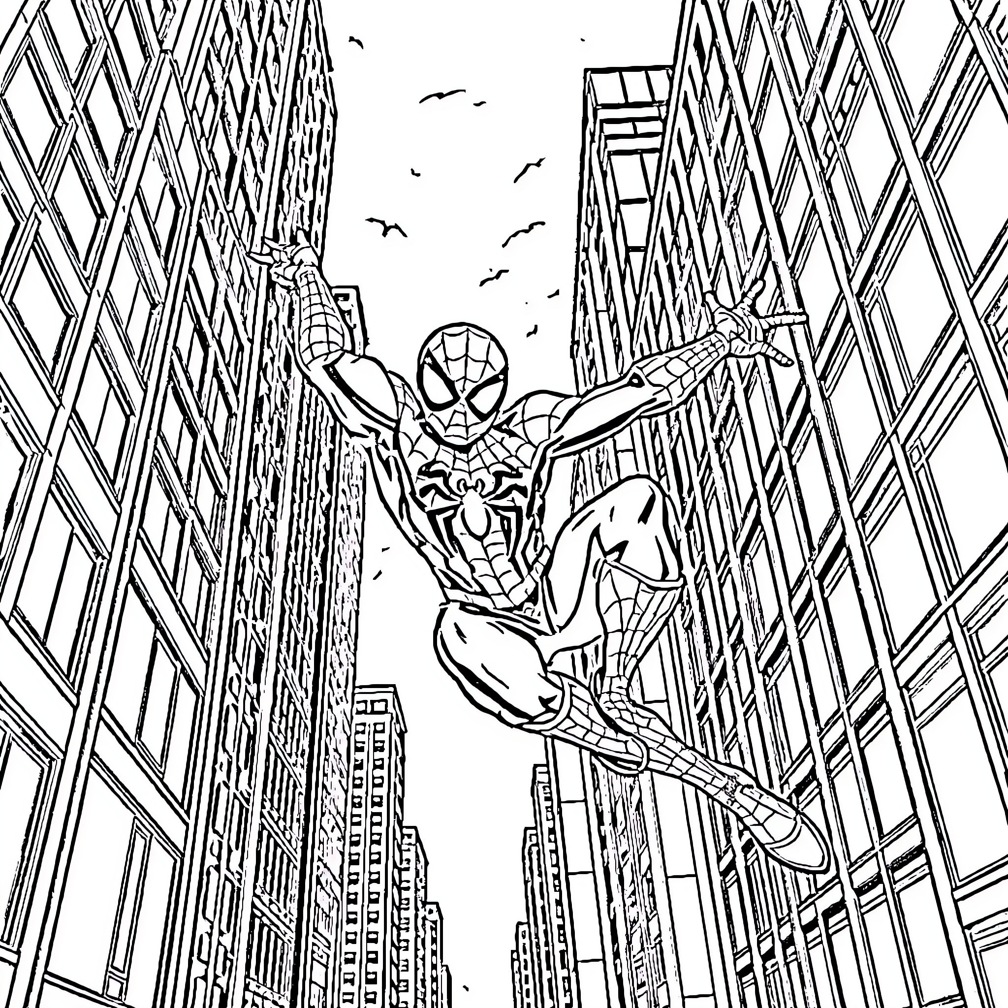 Spider-Man swinging through the city skyscrapers Coloring Page (free black-and-white line drawing printable PDF for all, from beginners to advanced learners, including children, teens, adults, and seniors)