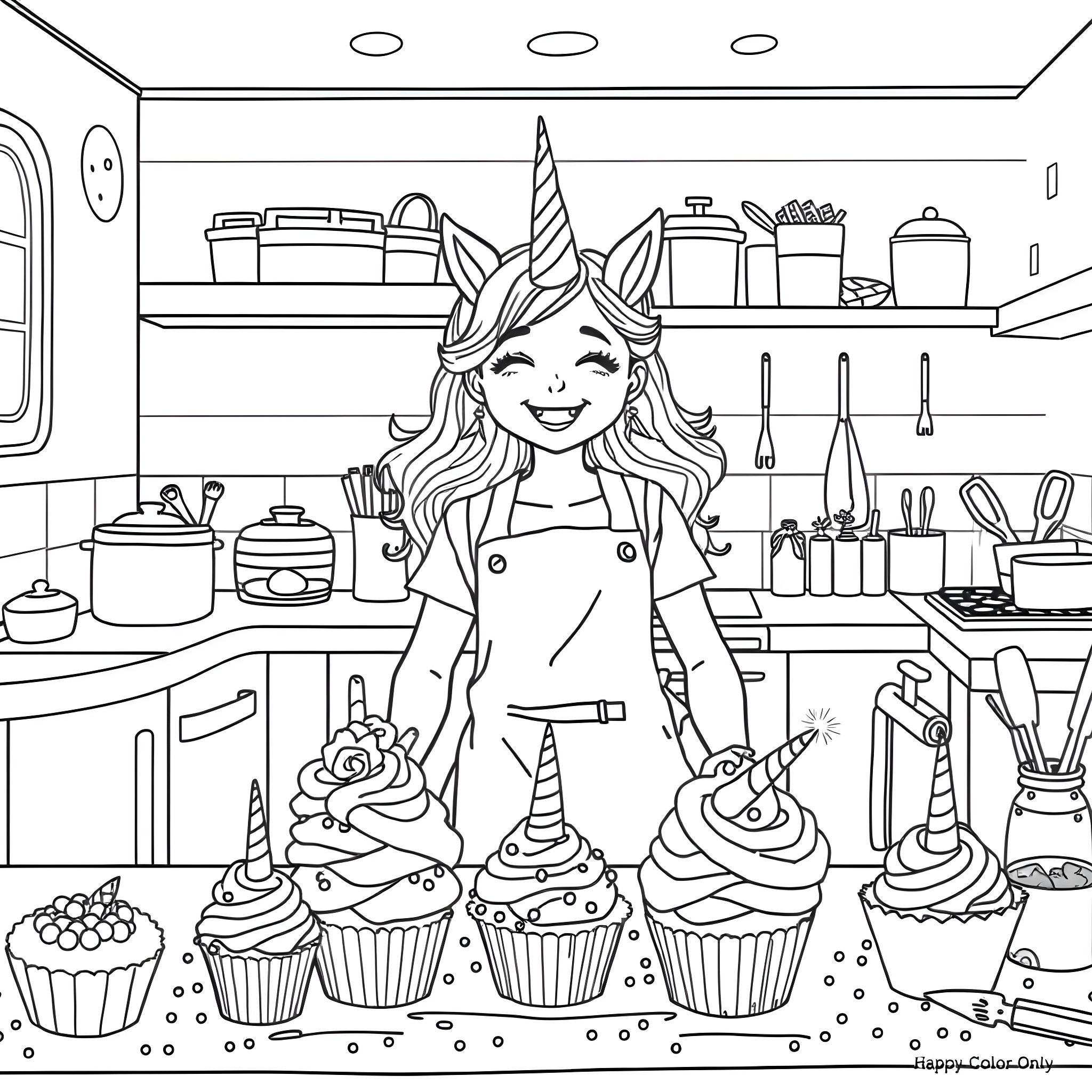 Girl in unicorn costume baking colorful cupcakes Coloring Page (free black-and-white line drawing printable PDF for all, from beginners to advanced learners, including children, teens, adults, and seniors)