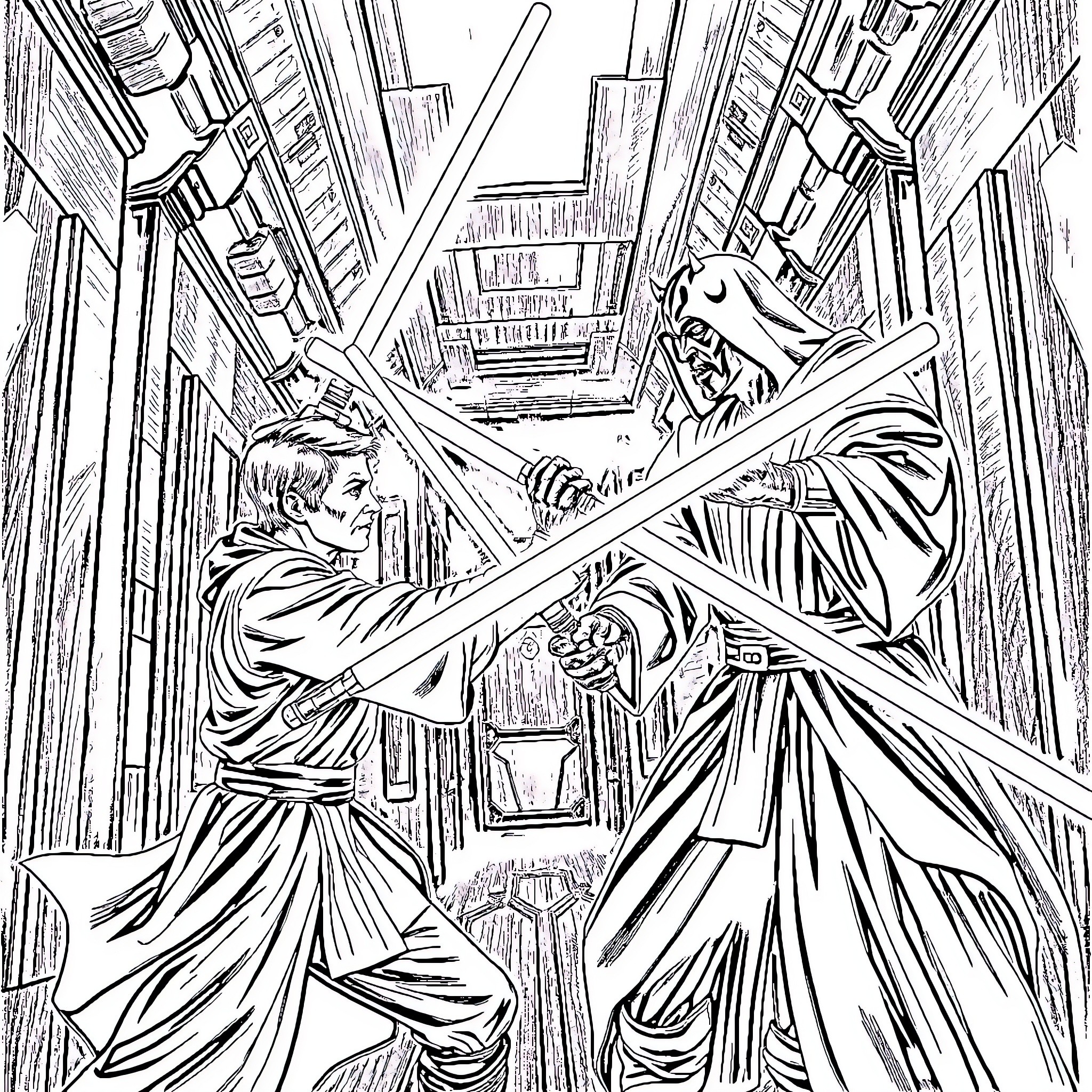 Obi-Wan Kenobi's Lightsaber Duel in the Hallway Coloring Page (free black-and-white line drawing printable PDF for all, from beginners to advanced learners, including children, teens, adults, and seniors)