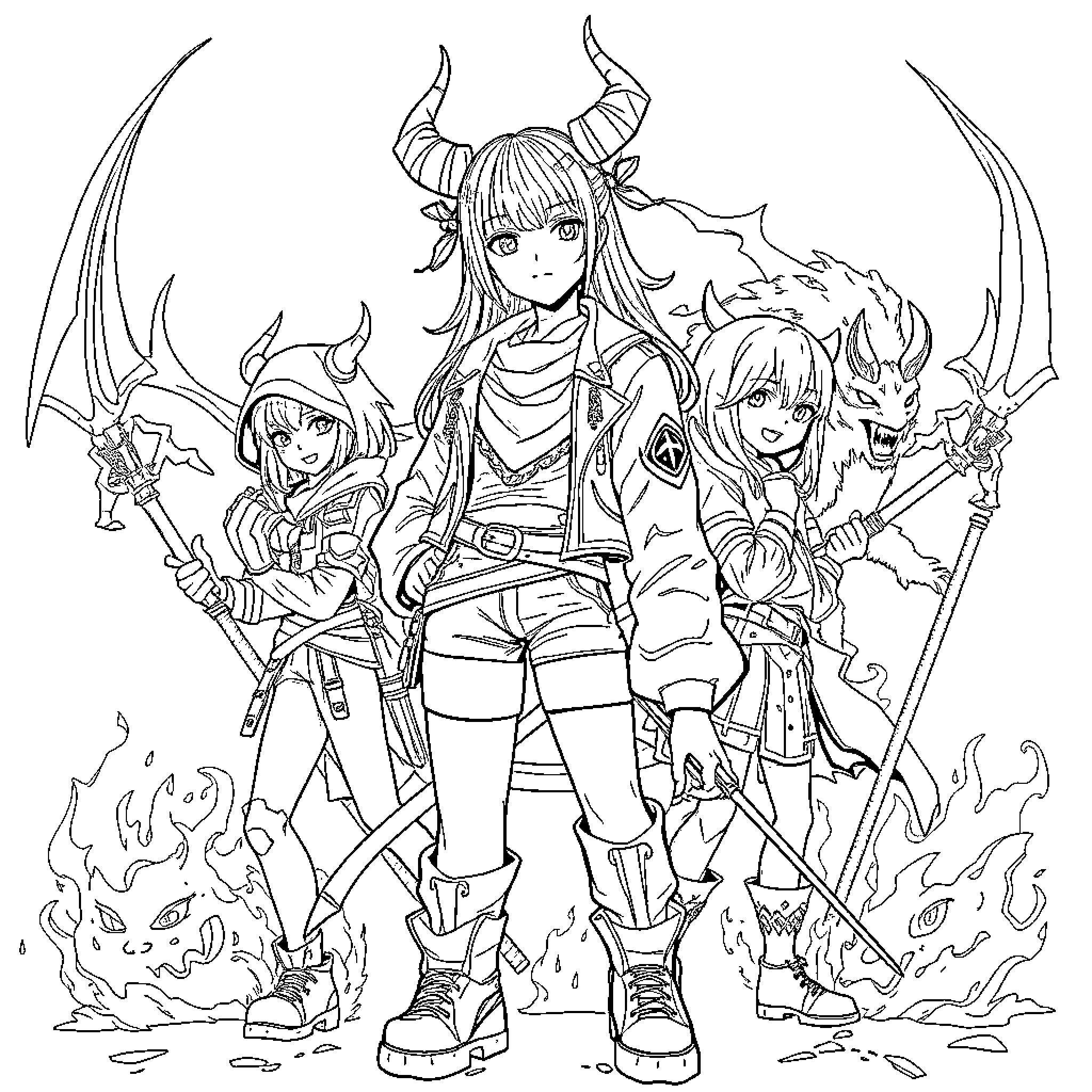 Rumi and her fantastical companions in action Coloring Page (free black-and-white line drawing printable PDF for all, from beginners to advanced learners, including children, teens, adults, and seniors)