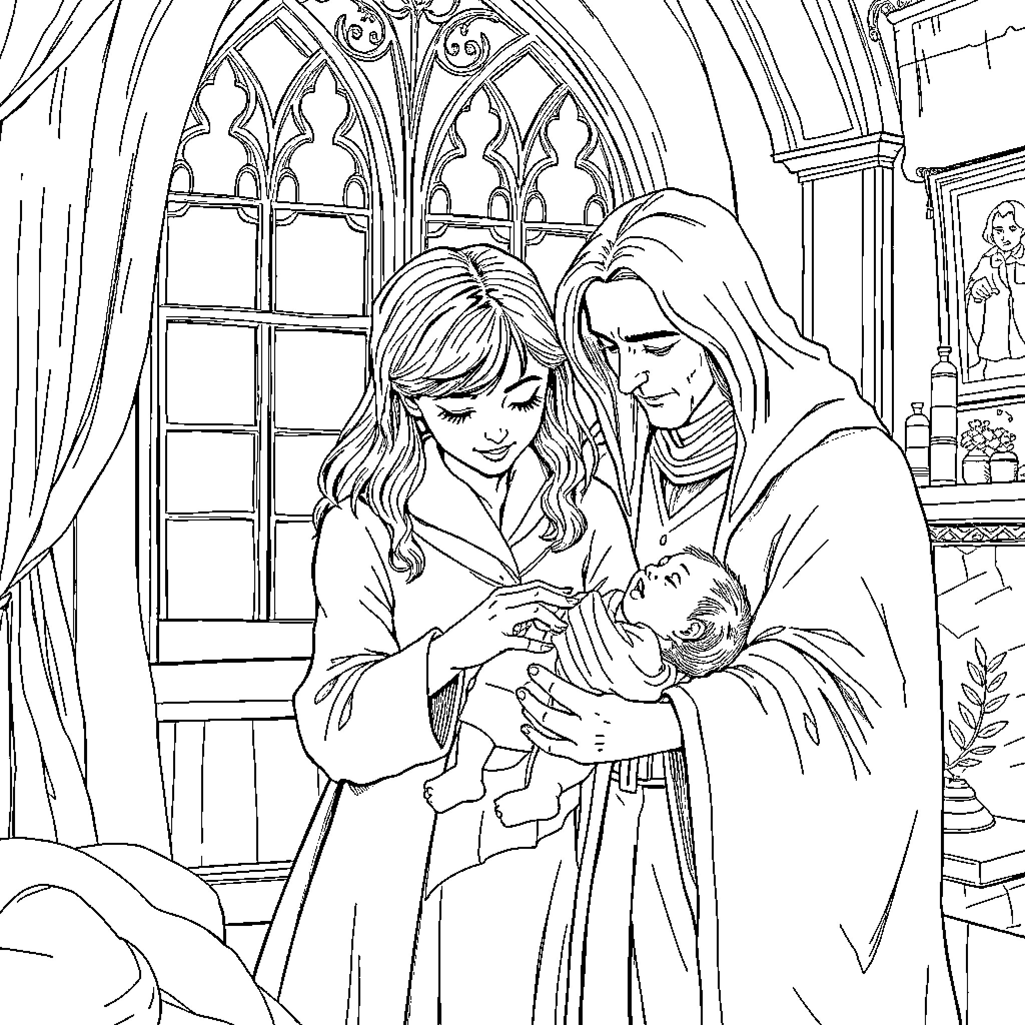 Hermione comforting a family in a cathedral Coloring Page (free black-and-white line drawing printable PDF for all, from beginners to advanced learners, including children, teens, adults, and seniors)