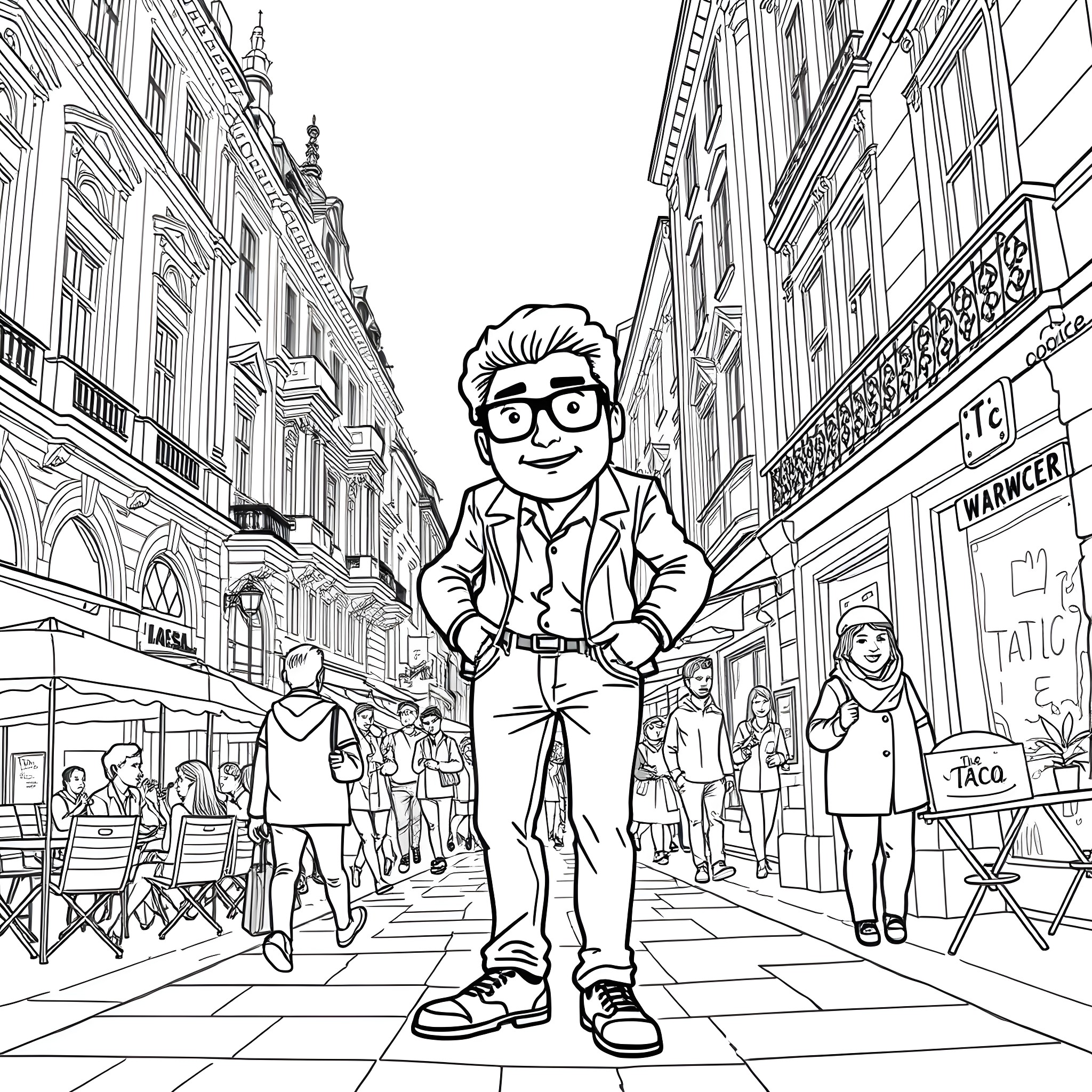 Taco Enthusiast Explores Lively City Street Coloring Page (free black-and-white line drawing printable PDF for all, from beginners to advanced learners, including children, teens, adults, and seniors)