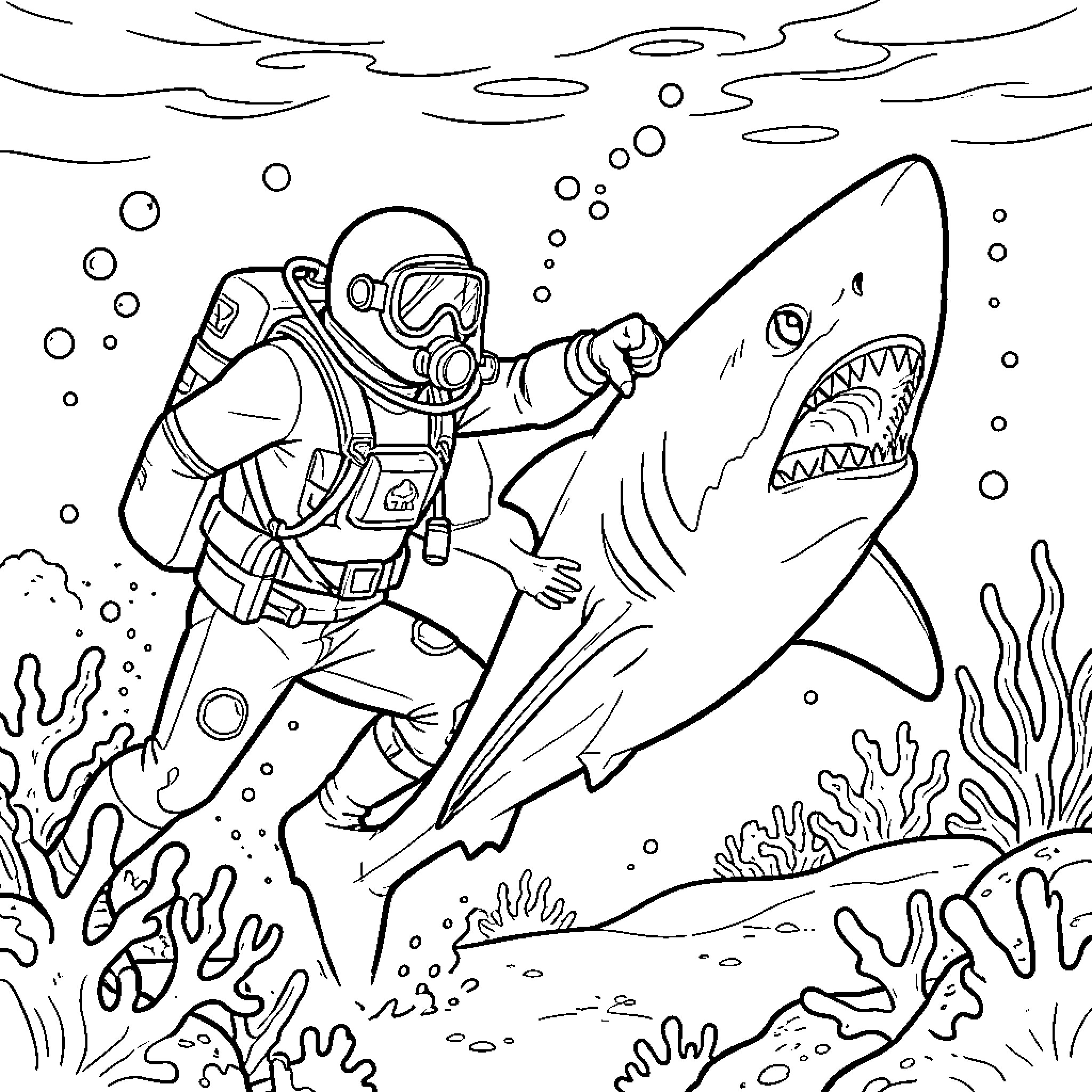 Diver encountering a fierce shark underwater Coloring Page (free black-and-white line drawing printable PDF for all, from beginners to advanced learners, including children, teens, adults, and seniors)