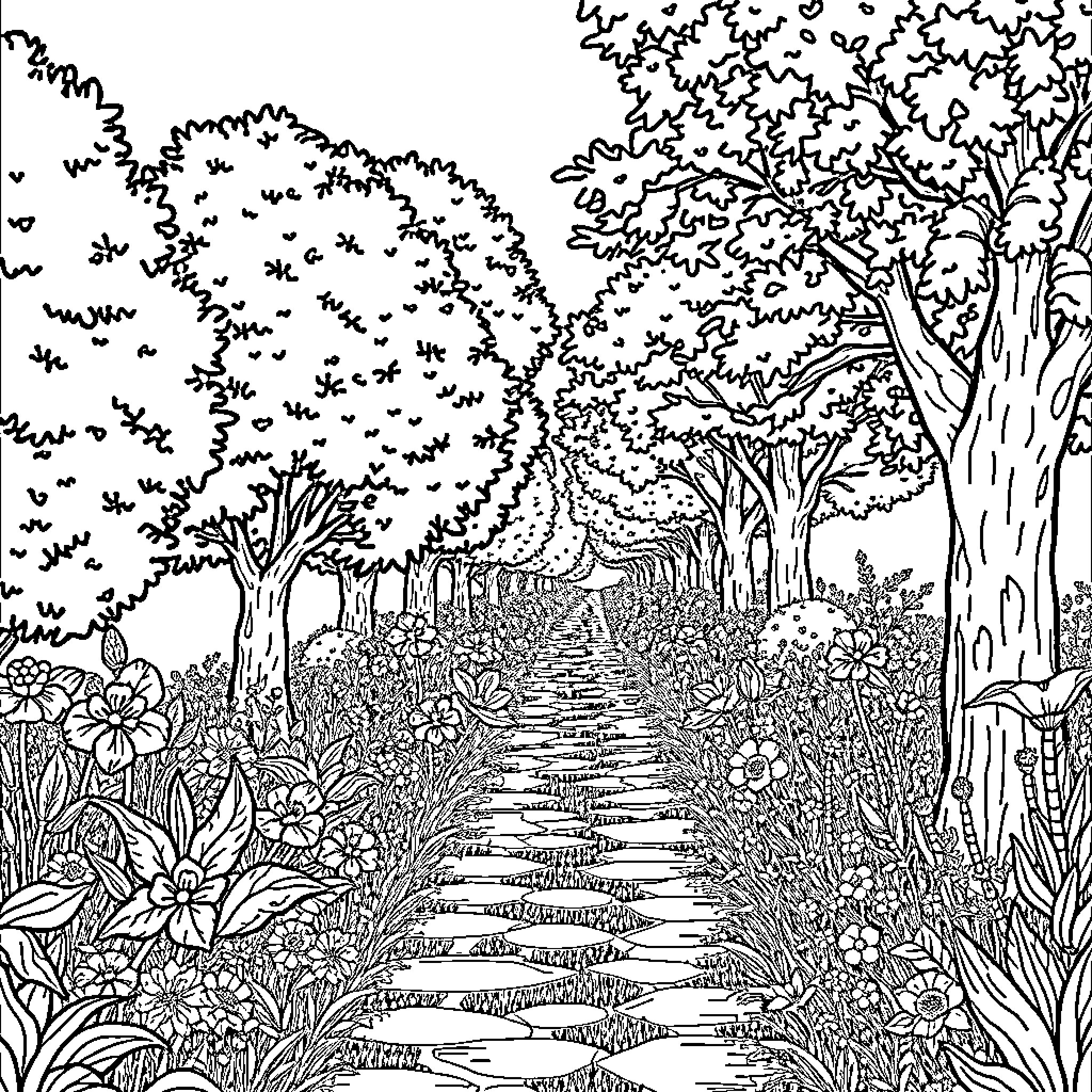 Pen Pathway through Whimsical Nature Landscape Coloring Page (free black-and-white line drawing printable PDF for all, from beginners to advanced learners, including children, teens, adults, and seniors)