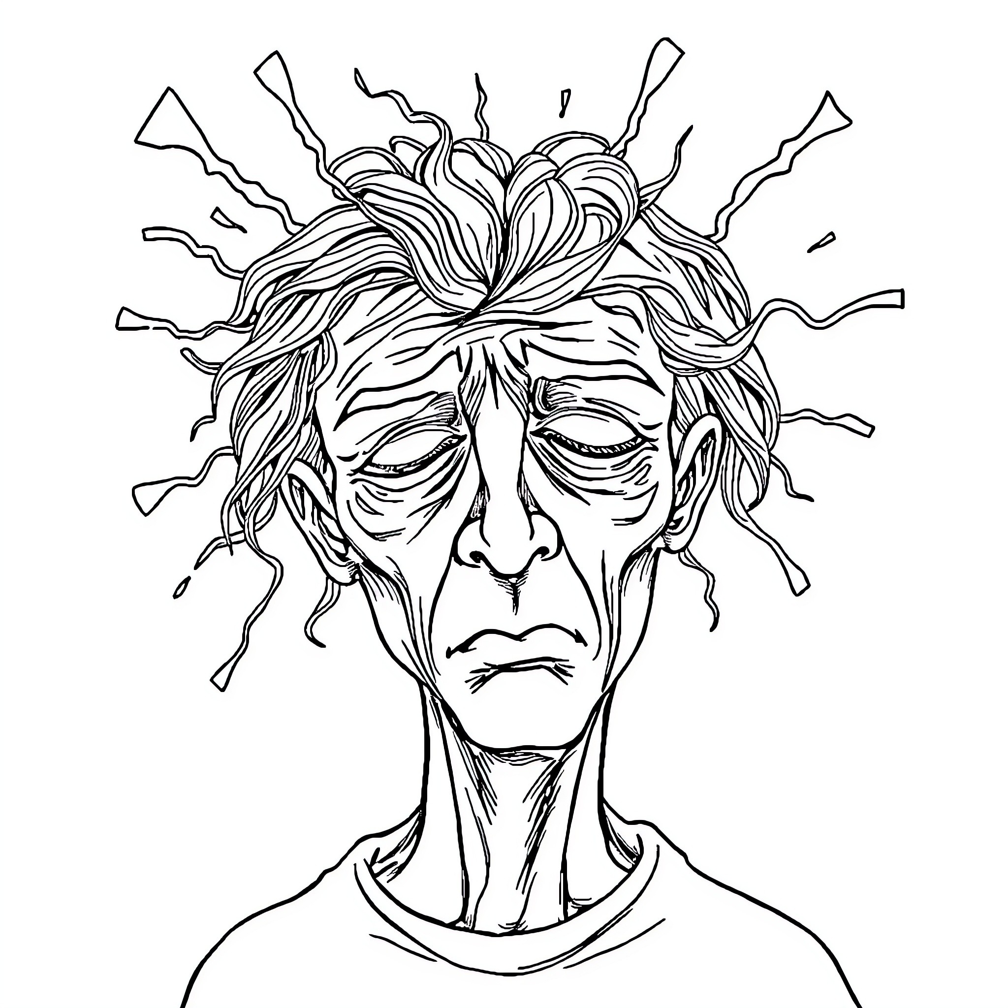 Brainrot: Distressed Expression with Chaotic Hair Coloring Page (free black-and-white line drawing printable PDF for all, from beginners to advanced learners, including children, teens, adults, and seniors)