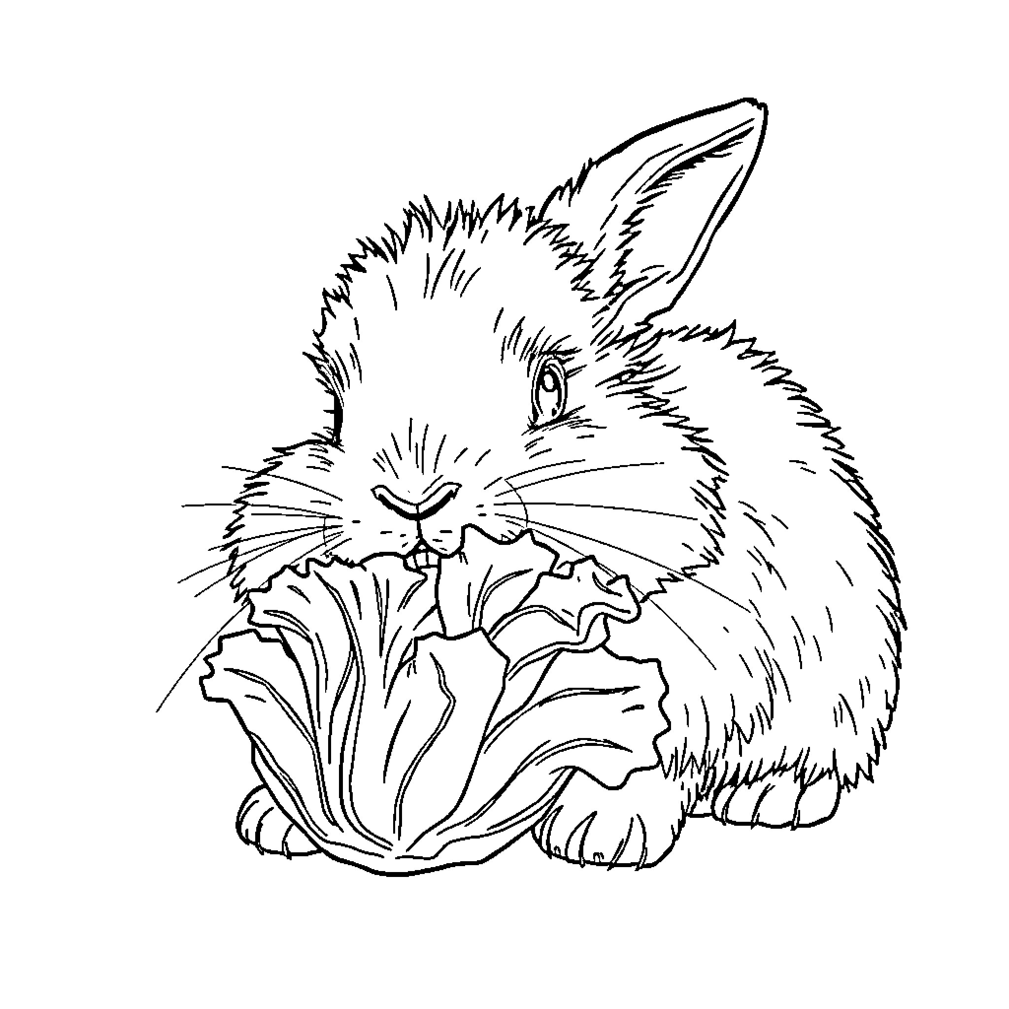 Rabbit nibbling on a leafy plant Coloring Page (free black-and-white line drawing printable PDF for all, from beginners to advanced learners, including children, teens, adults, and seniors)