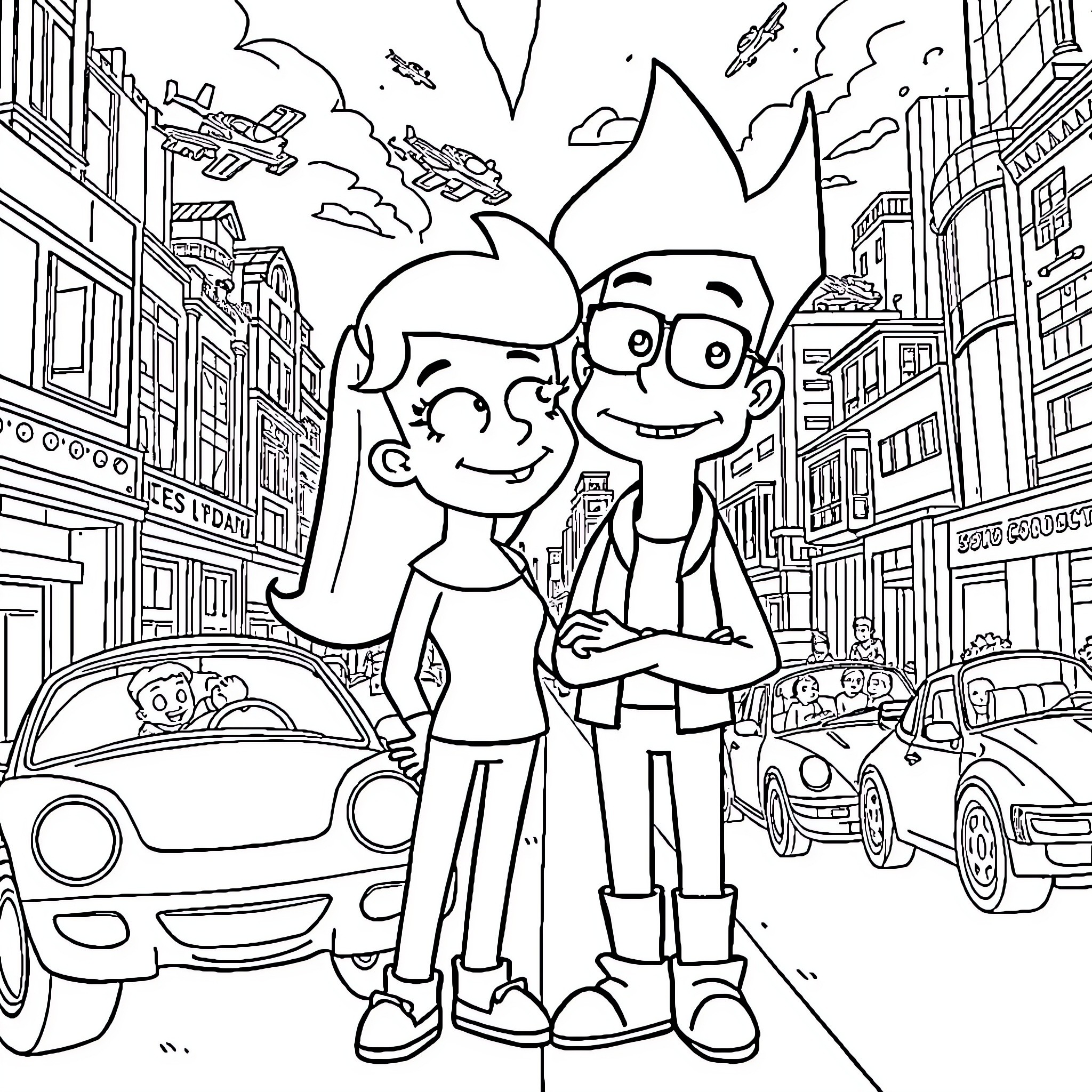 Fry's Misadventures in the City Coloring Page (free black-and-white line drawing printable PDF for all, from beginners to advanced learners, including children, teens, adults, and seniors)