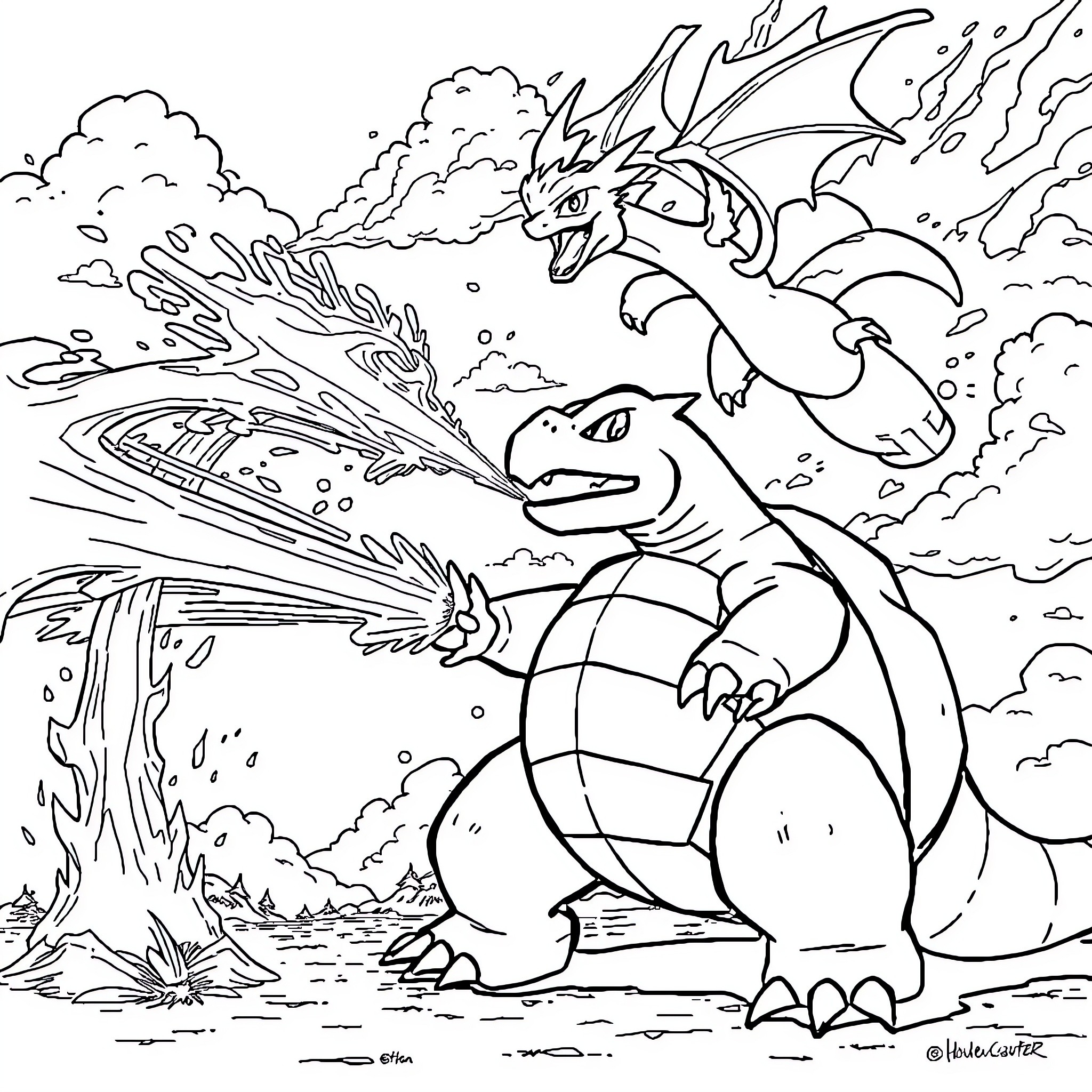 Blastoise using Hydro Pump against Torterra Coloring Page (free black-and-white line drawing printable PDF for all, from beginners to advanced learners, including children, teens, adults, and seniors)