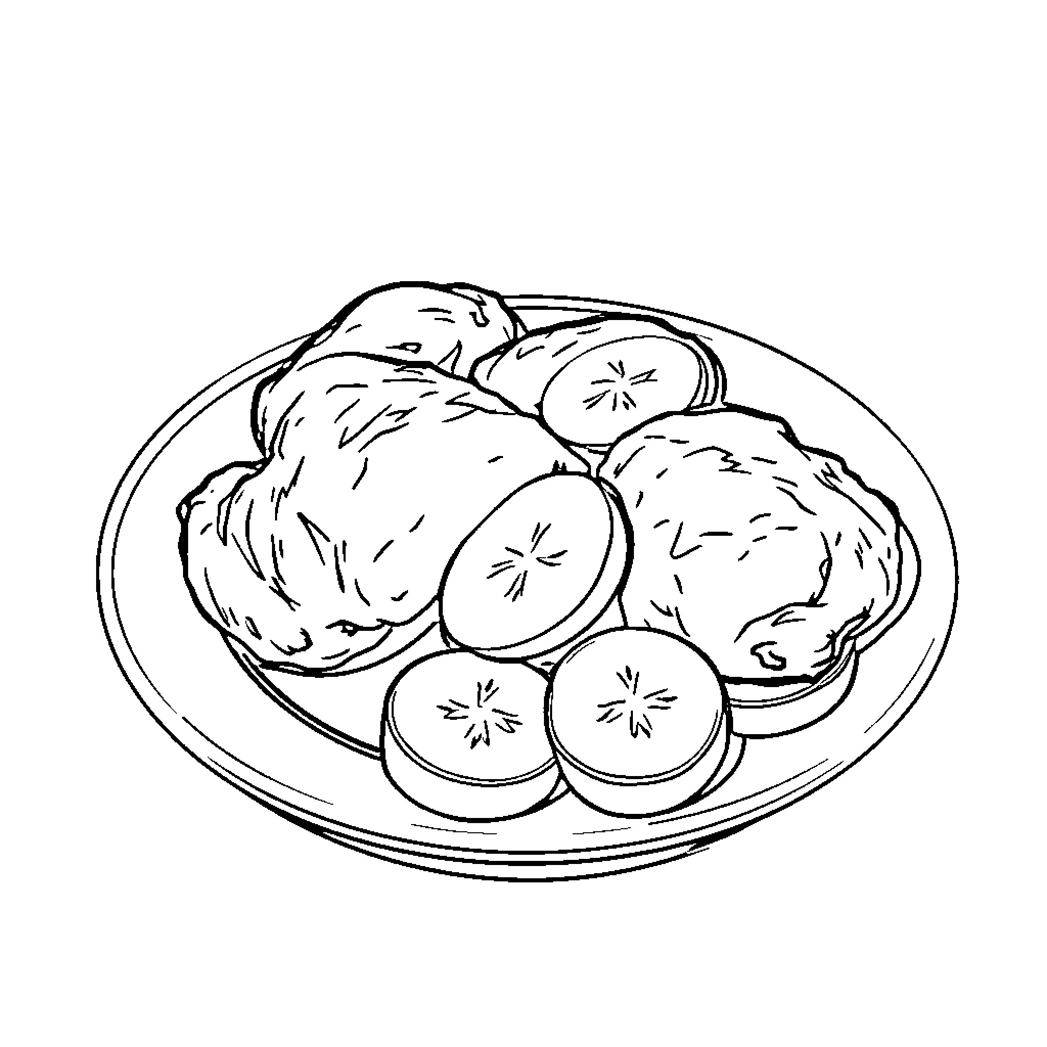 Chicken slices and cucumber on plate Coloring Page (free black-and-white line drawing printable PDF for all, from beginners to advanced learners, including children, teens, adults, and seniors)