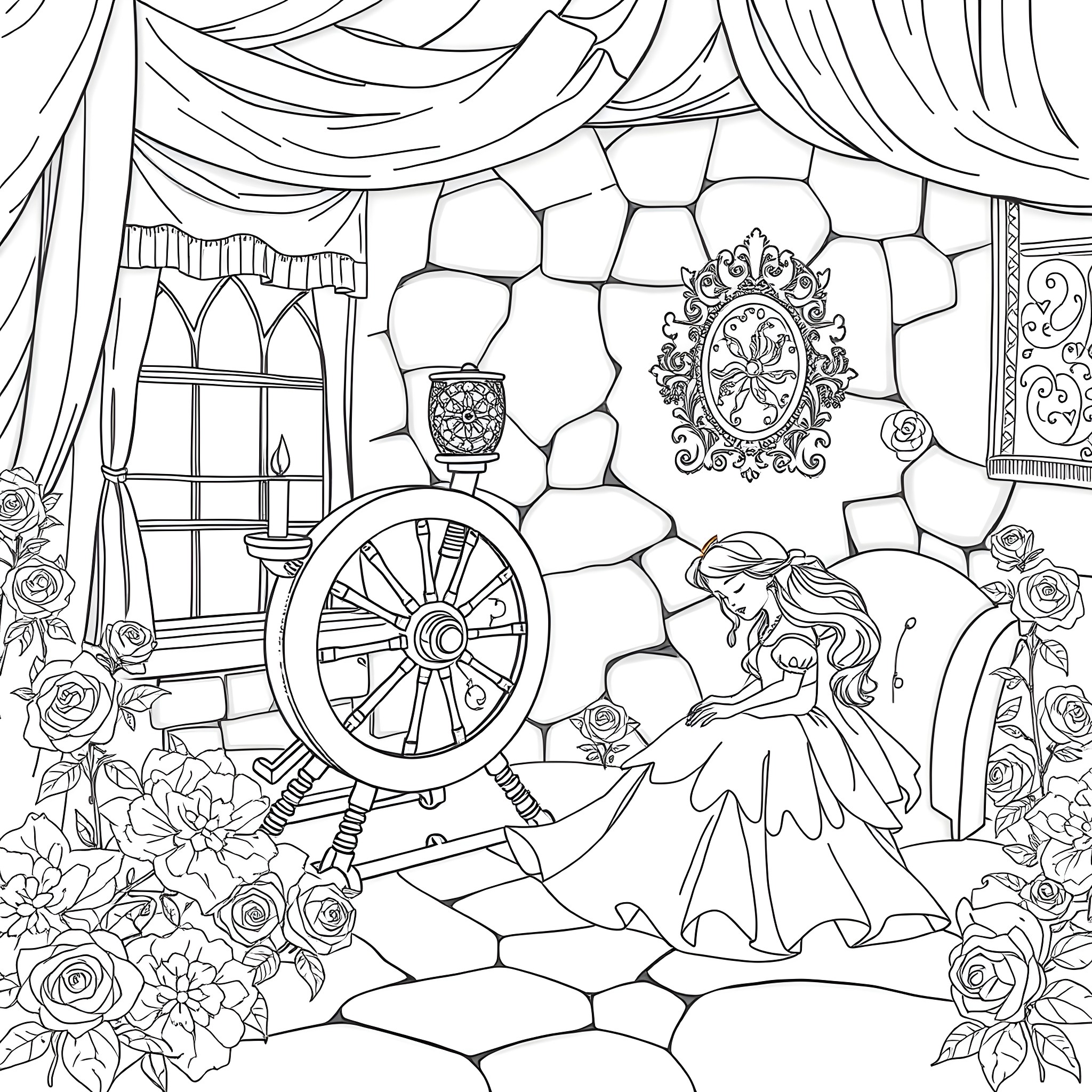 Sleeping Beauty's Dream of a Charming Castle Coloring Page (free black-and-white line drawing printable PDF for all, from beginners to advanced learners, including children, teens, adults, and seniors)