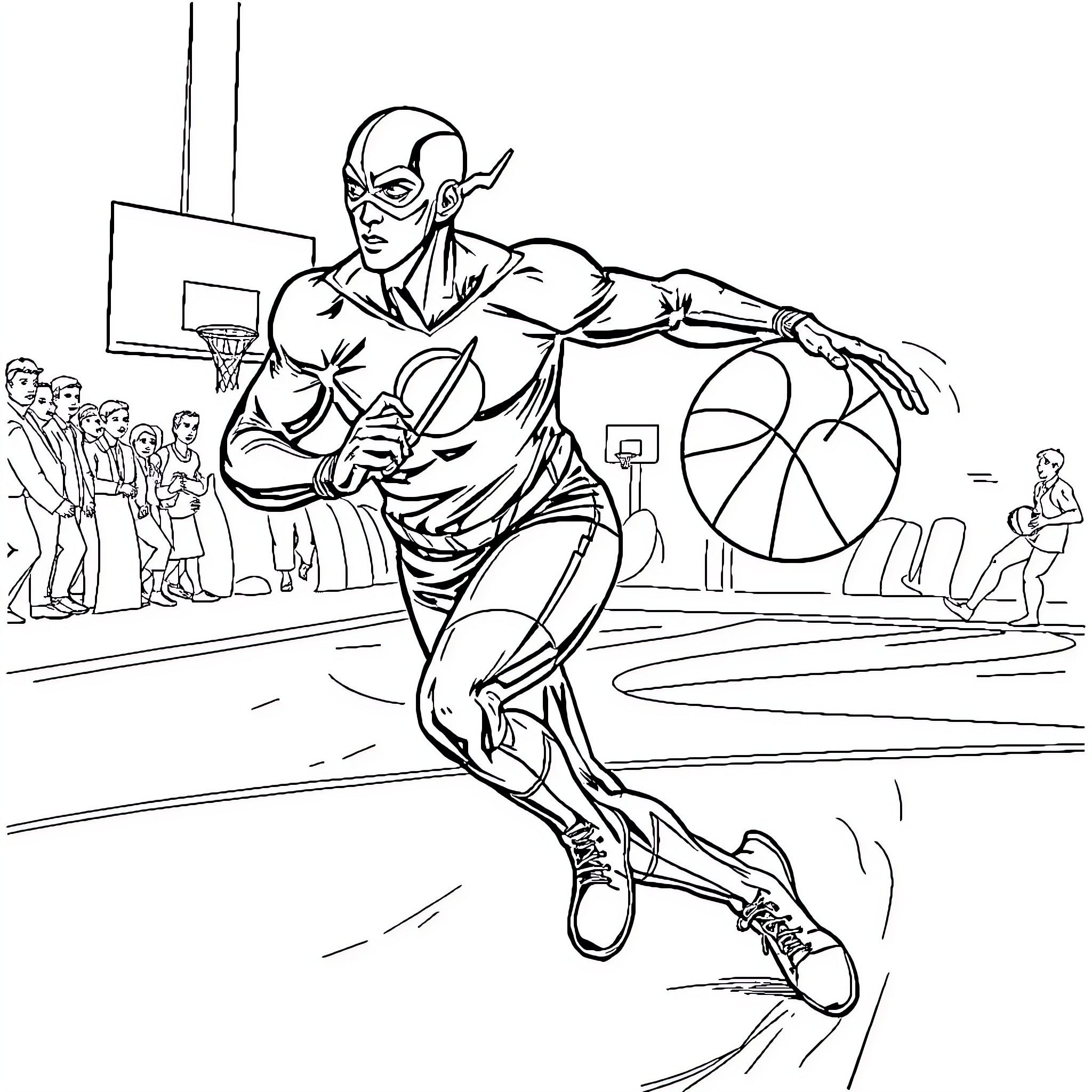 Flash Dribbling Basketball on Court Coloring Page (free black-and-white line drawing printable PDF for all, from beginners to advanced learners, including children, teens, adults, and seniors)