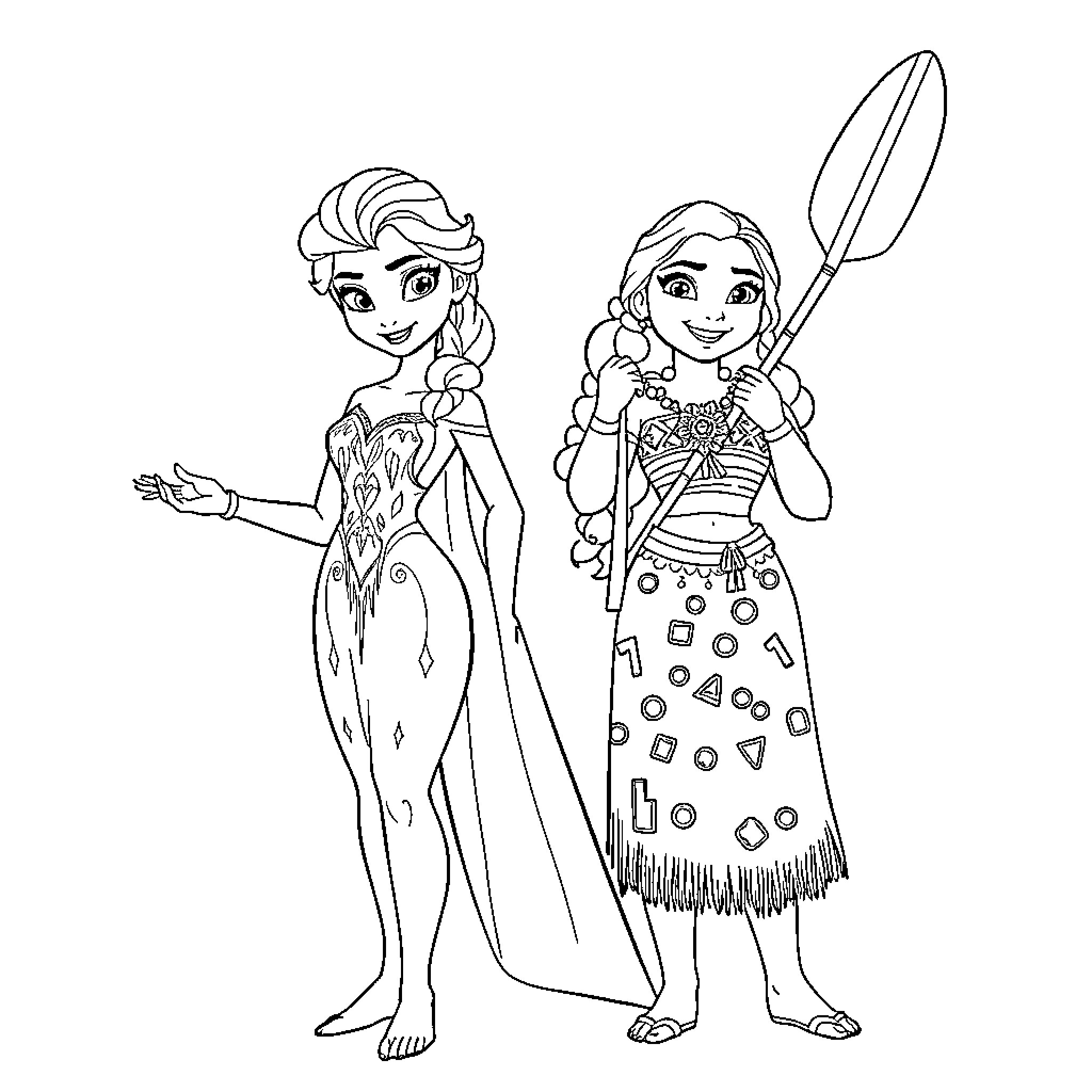 Elsa and Moana in festive outfits Coloring Page (free black-and-white line drawing printable PDF for all, from beginners to advanced learners, including children, teens, adults, and seniors)