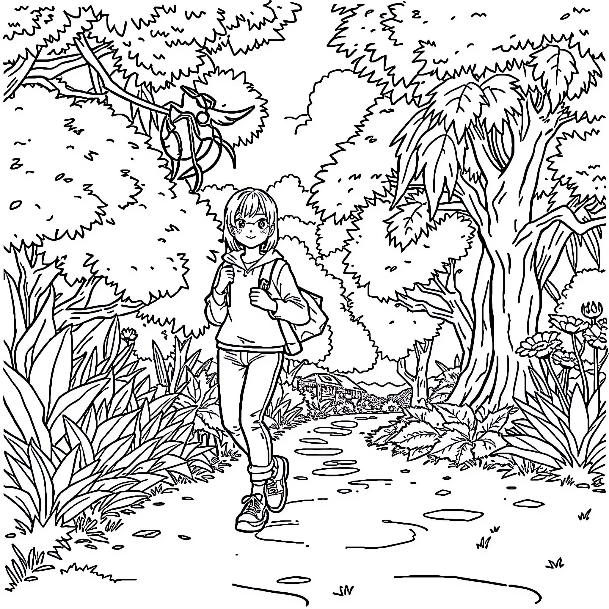 Shouko's Adventure in the Enchanting Forest Coloring Page (free black-and-white line drawing printable PDF for all, from beginners to advanced learners, including children, teens, adults, and seniors)