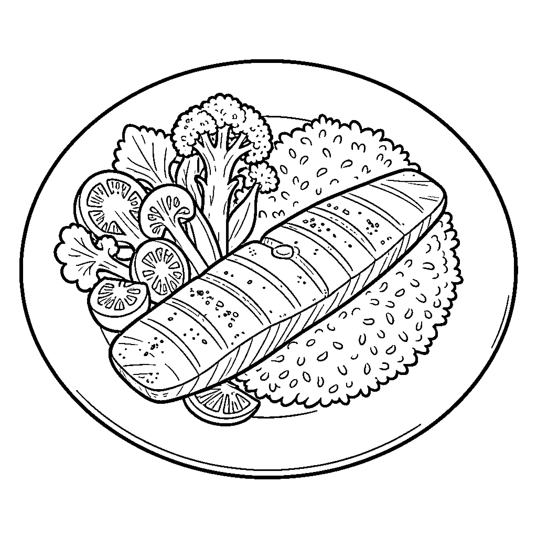 Dinner featuring a cooked fish fillet with rice and vegetables Coloring Page (free black-and-white line drawing printable PDF for all, from beginners to advanced learners, including children, teens, adults, and seniors)