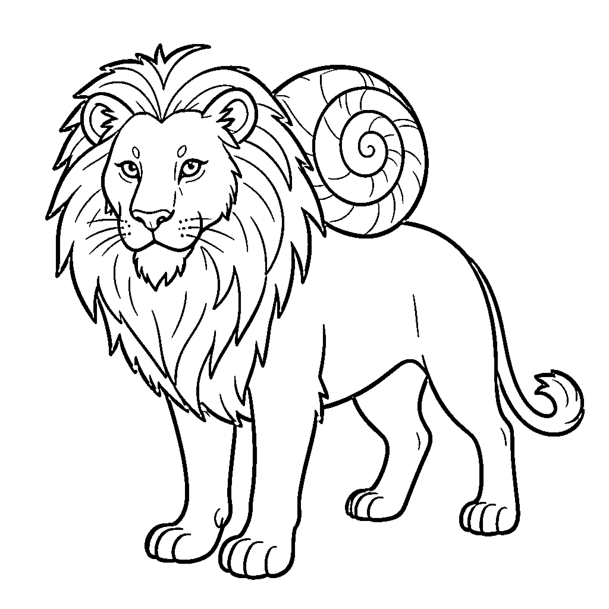 Lion Snail standing calmly in a whimsical scene Coloring Page (free black-and-white line drawing printable PDF for all, from beginners to advanced learners, including children, teens, adults, and seniors)