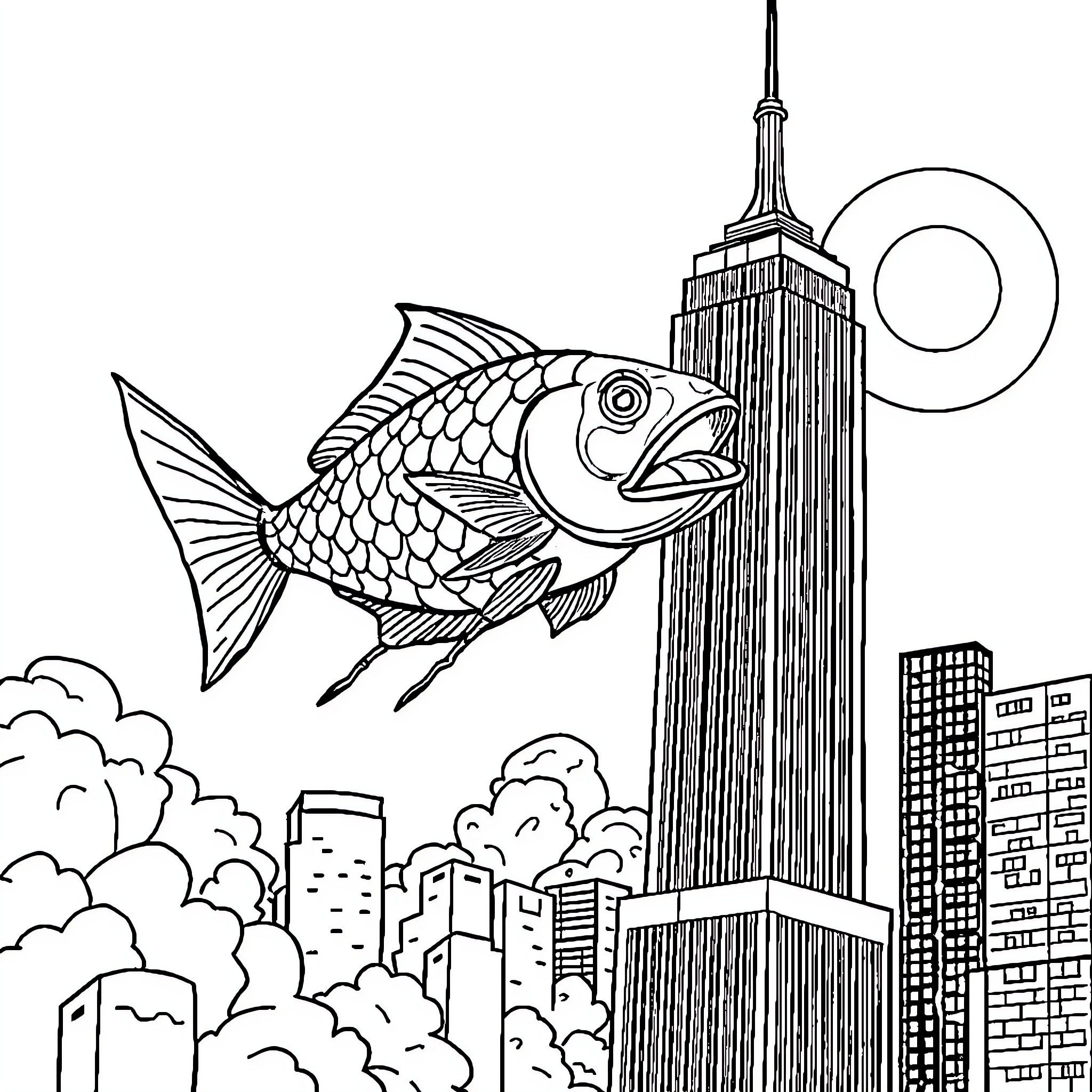 Fish swimming over urban cityscape Coloring Page (free black-and-white line drawing printable PDF for all, from beginners to advanced learners, including children, teens, adults, and seniors)