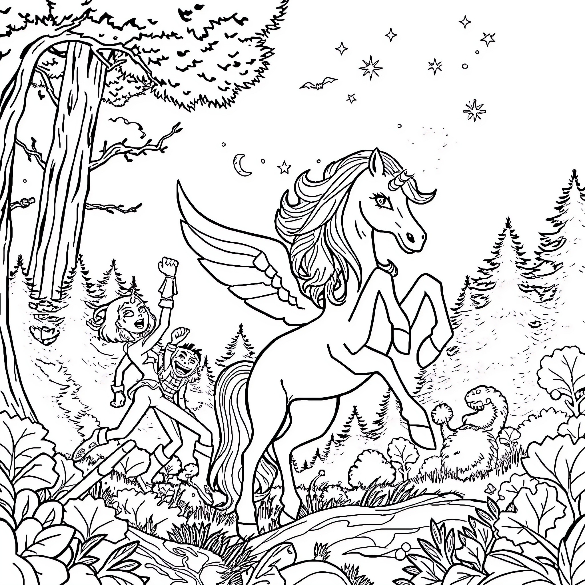 Teen Titans' Magical Adventure in the Enchanted Forest Coloring Page (free black-and-white line drawing printable PDF for all, from beginners to advanced learners, including children, teens, adults, and seniors)