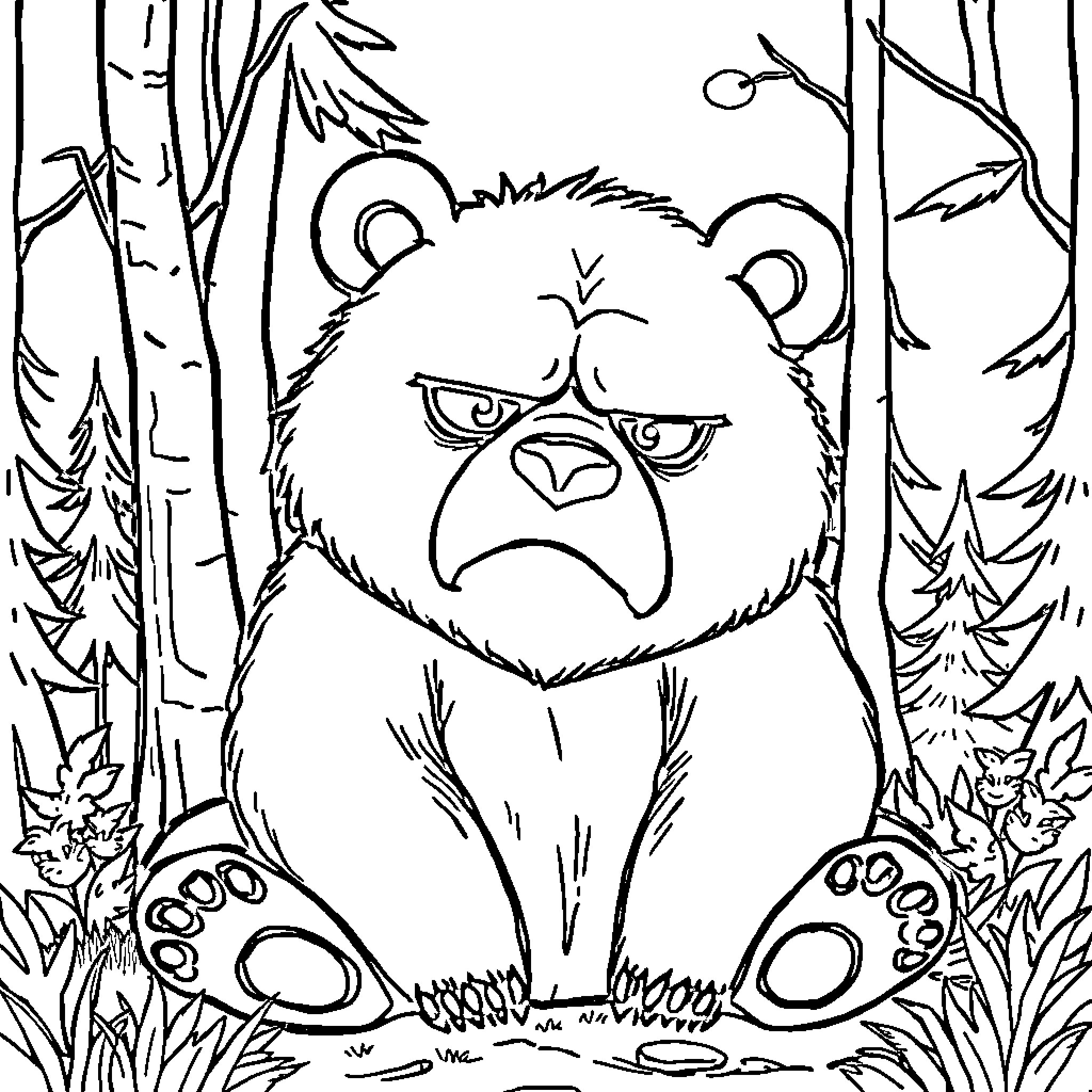 Bear expressing disgruntlement in the forest Coloring Page (free black-and-white line drawing printable PDF for all, from beginners to advanced learners, including children, teens, adults, and seniors)