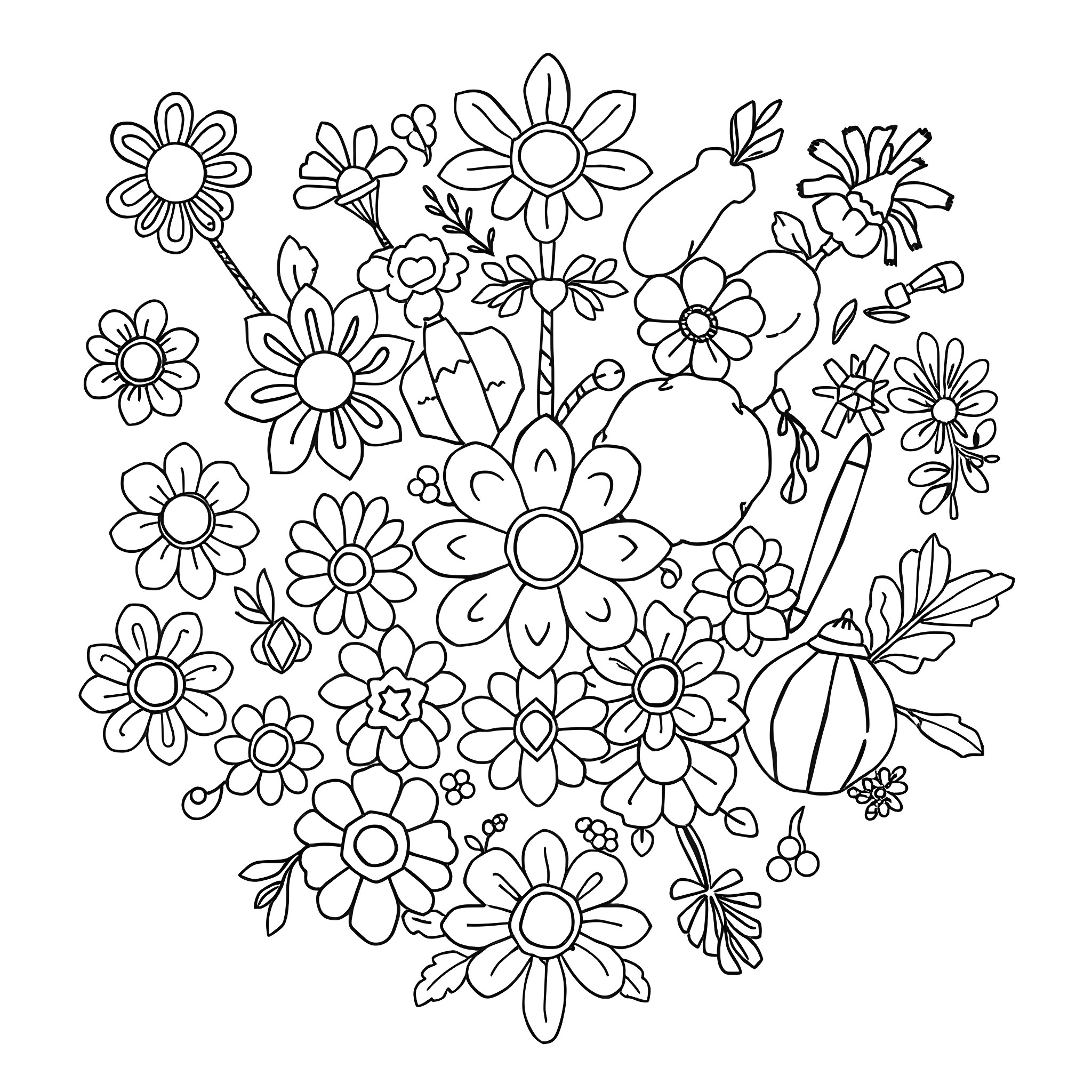 Patchwork of whimsical floral patterns Coloring Page (free black-and-white line drawing printable PDF for all, from beginners to advanced learners, including children, teens, adults, and seniors)