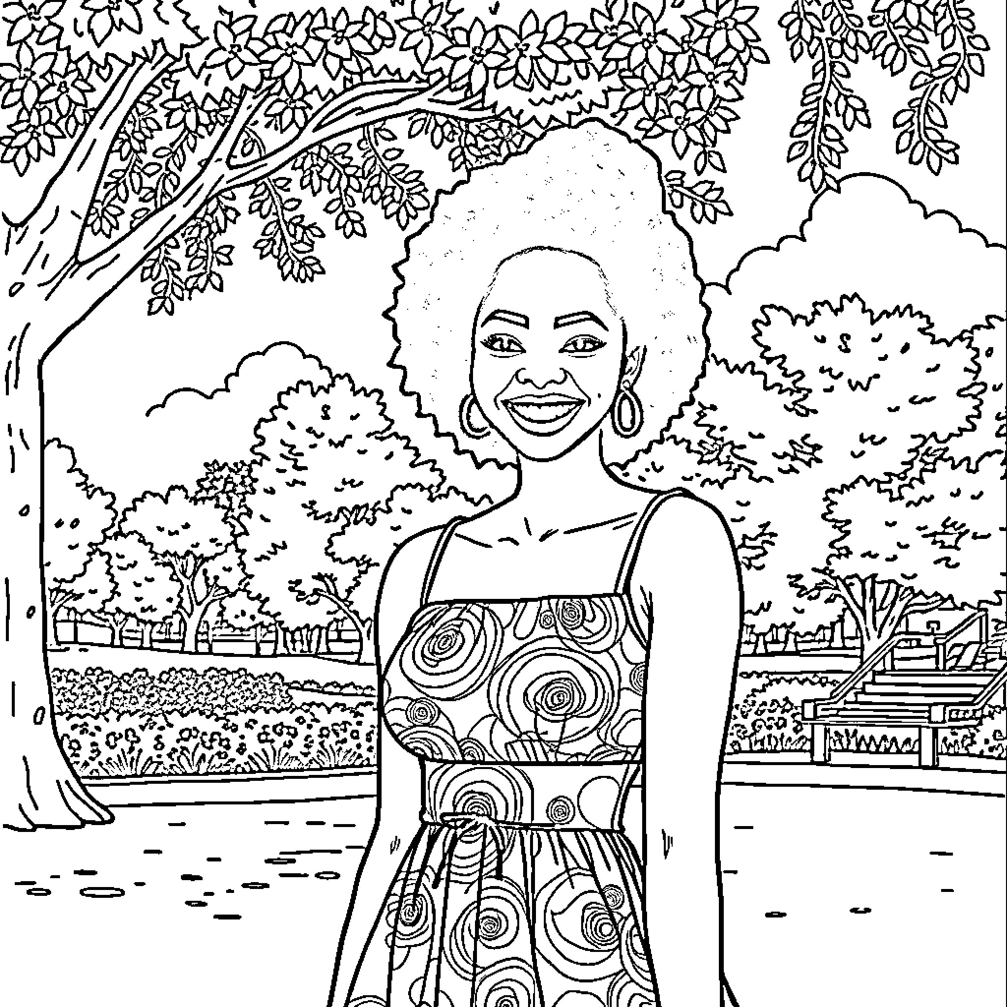 Woman posing confidently in patterned dress amid nature Coloring Page (free black-and-white line drawing printable PDF for all, from beginners to advanced learners, including children, teens, adults, and seniors)