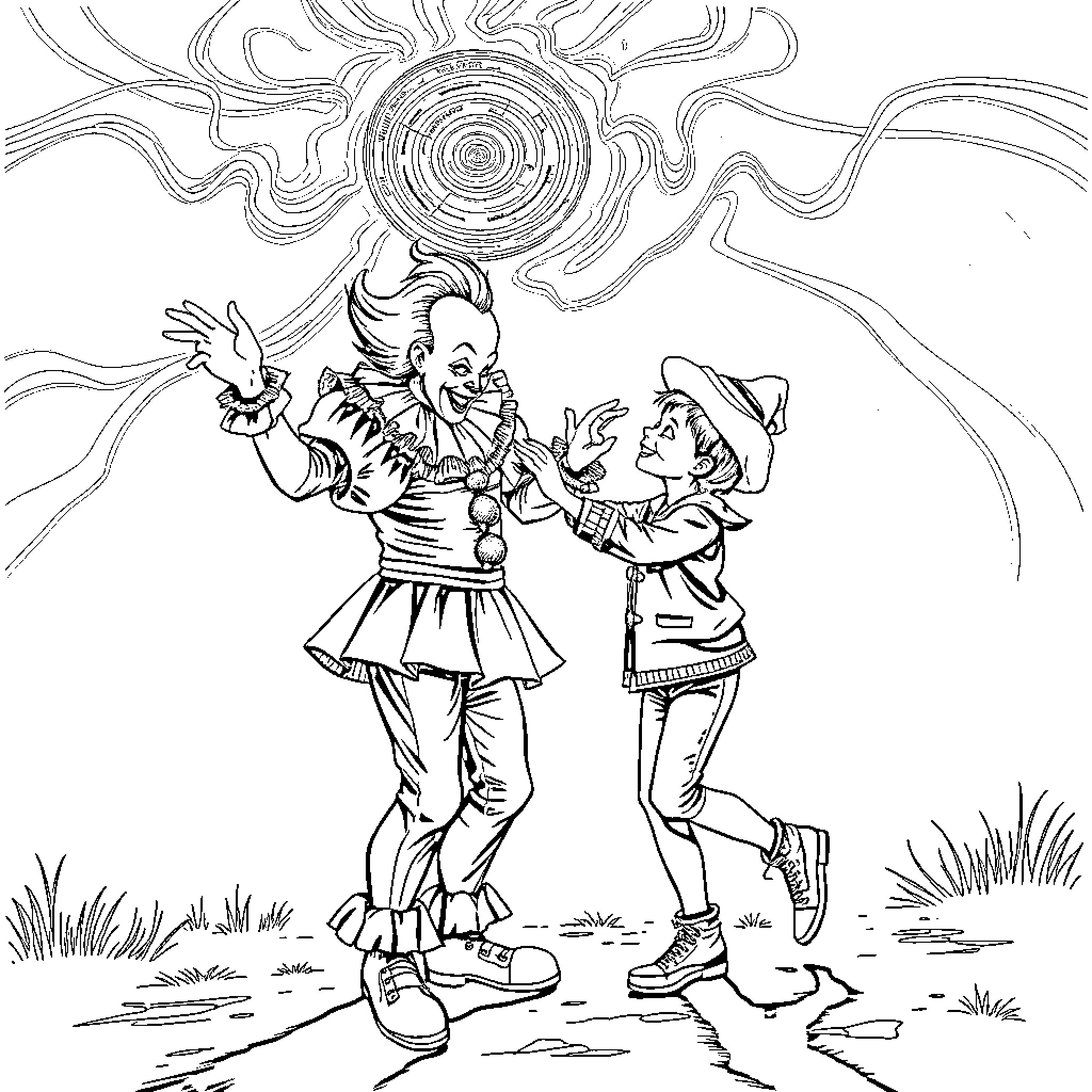 Pennywise's Eerie Encounter with a Young Companion Coloring Page (free black-and-white line drawing printable PDF for all, from beginners to advanced learners, including children, teens, adults, and seniors)