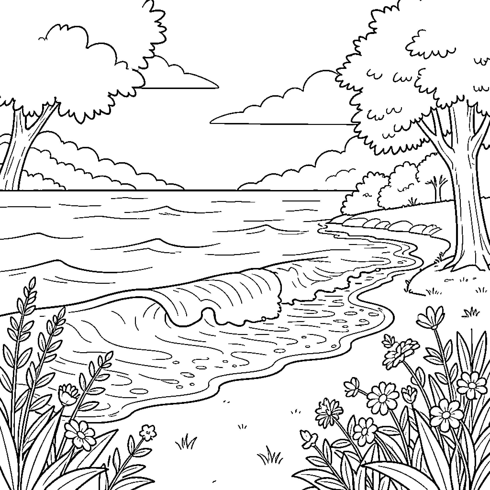 Sea Garden with waves washing onto a flowery shore Coloring Page (free black-and-white line drawing printable PDF for all, from beginners to advanced learners, including children, teens, adults, and seniors)