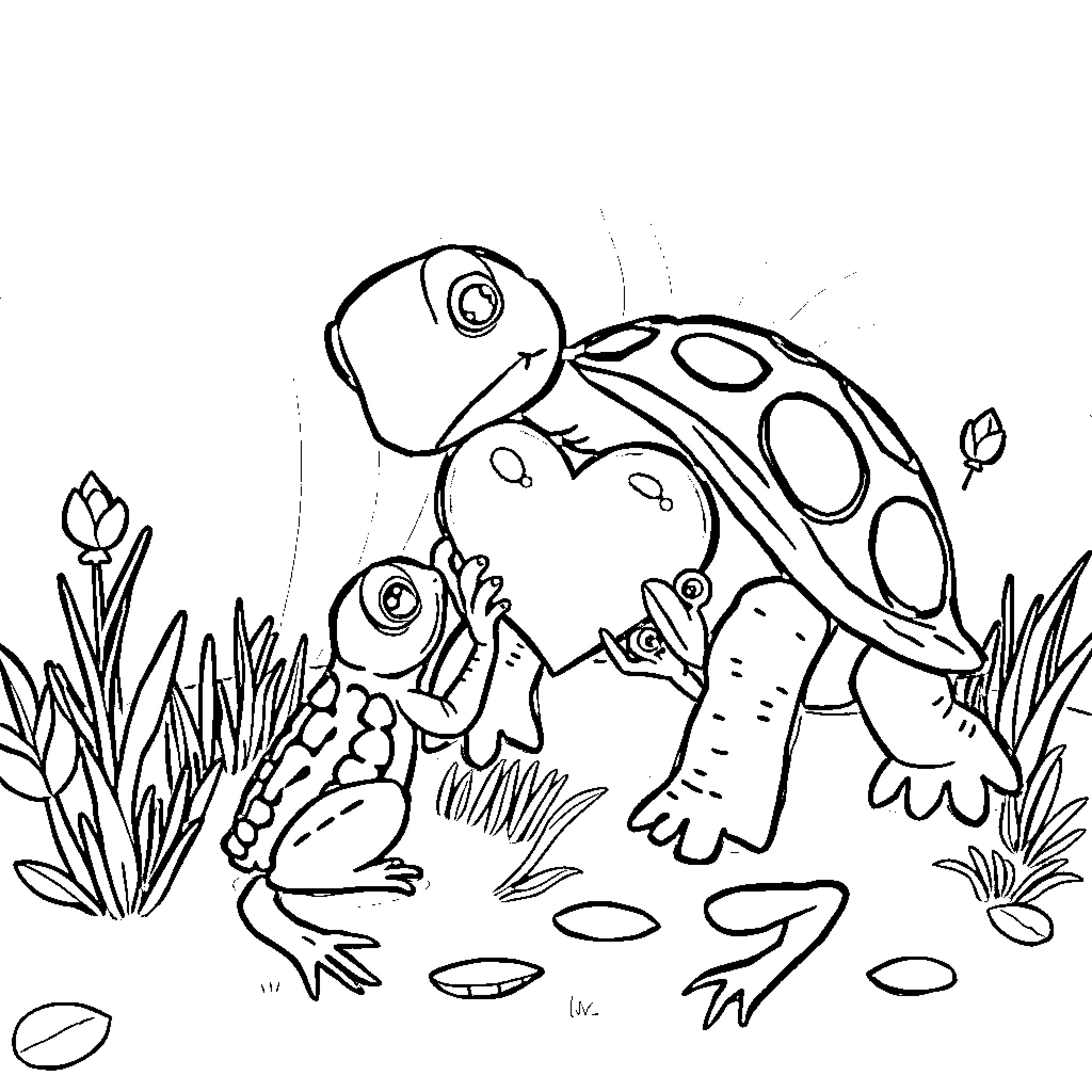 Turtle exploring nature's wonders Coloring Page (free black-and-white line drawing printable PDF for all, from beginners to advanced learners, including children, teens, adults, and seniors)
