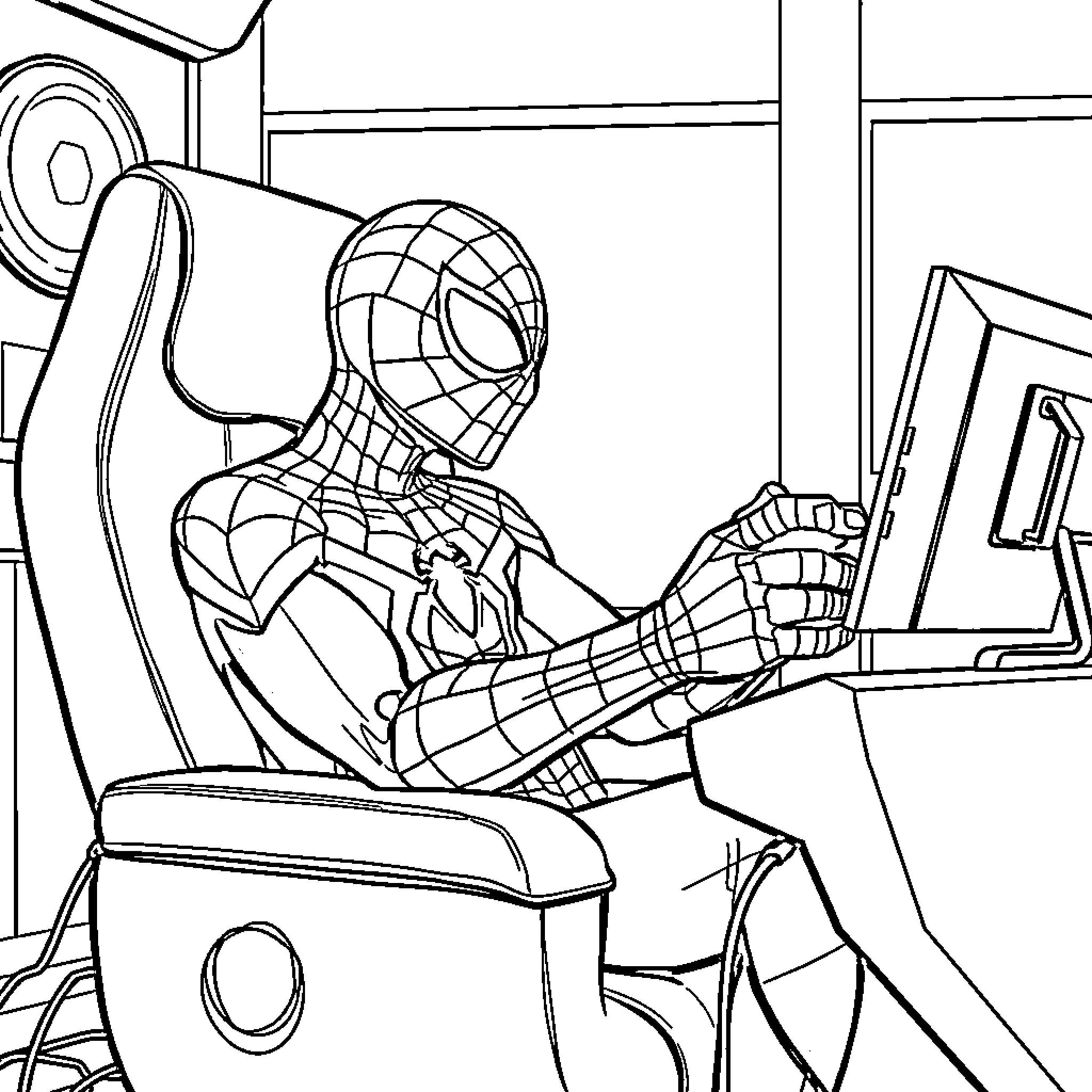 Spiderman working diligently on a computer Coloring Page (free black-and-white line drawing printable PDF for all, from beginners to advanced learners, including children, teens, adults, and seniors)