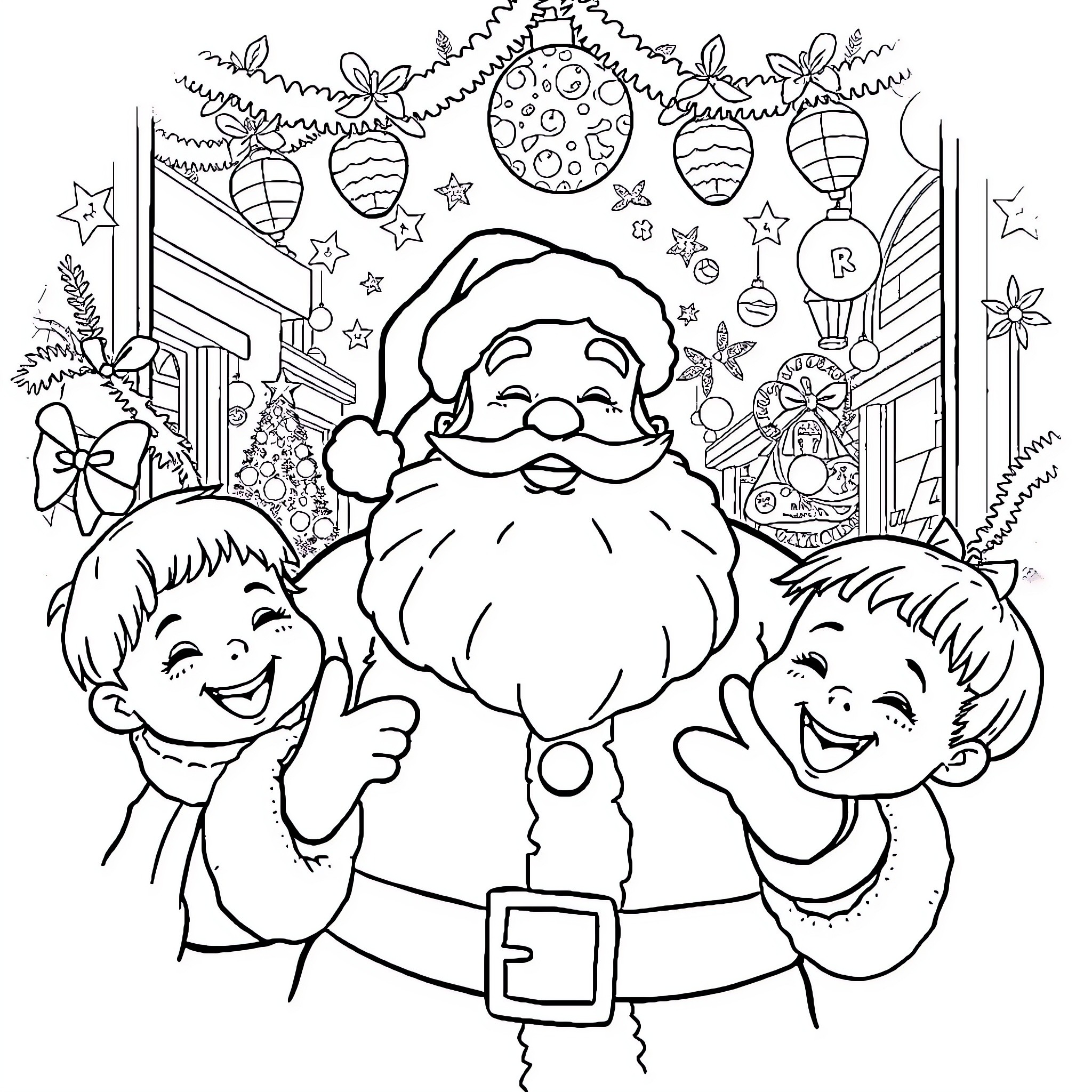 Santa Claus Bringing Joy to Children at Christmas Coloring Page (free black-and-white line drawing printable PDF for all, from beginners to advanced learners, including children, teens, adults, and seniors)