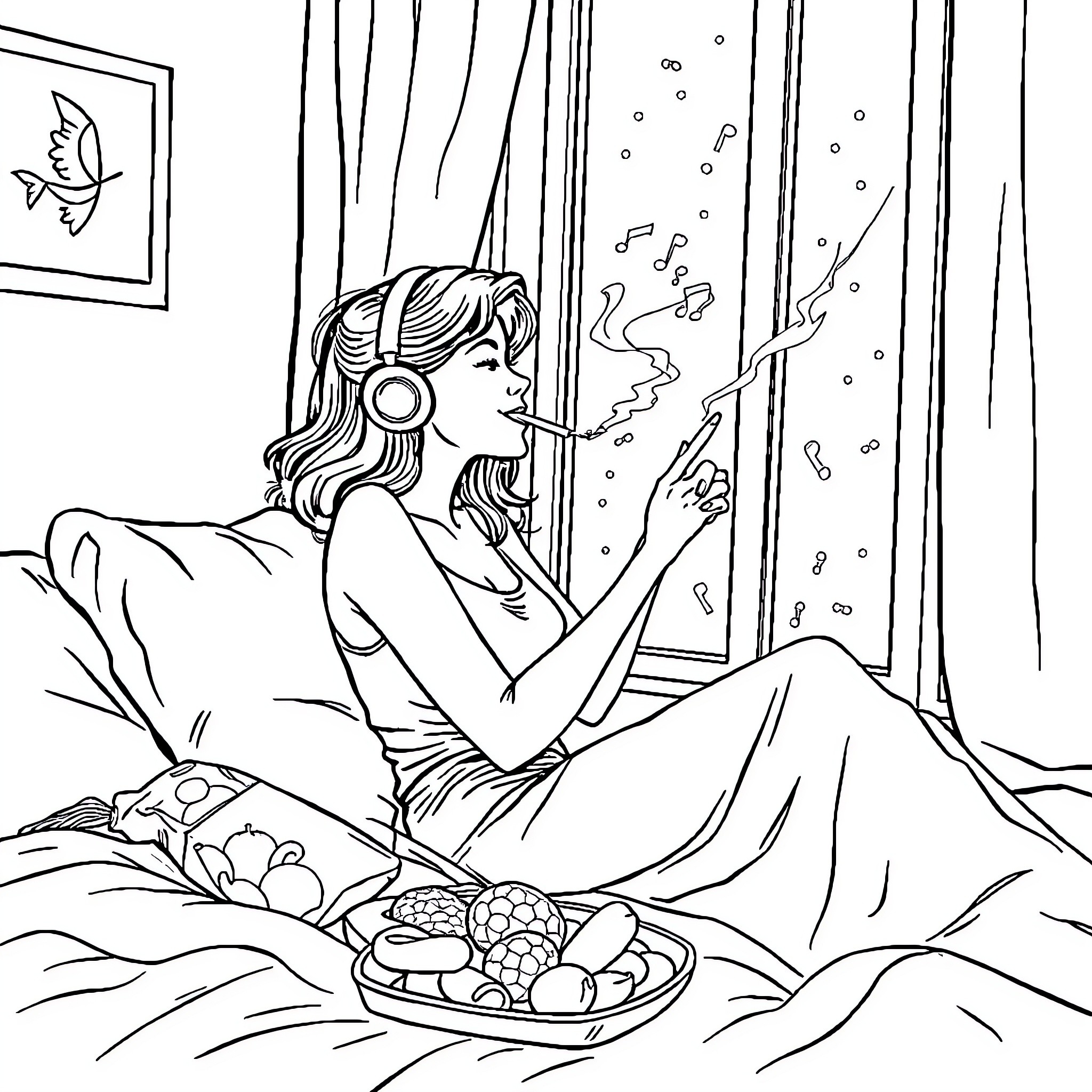 Woman relaxing with headphones and snacks Coloring Page (free black-and-white line drawing printable PDF for all, from beginners to advanced learners, including children, teens, adults, and seniors)